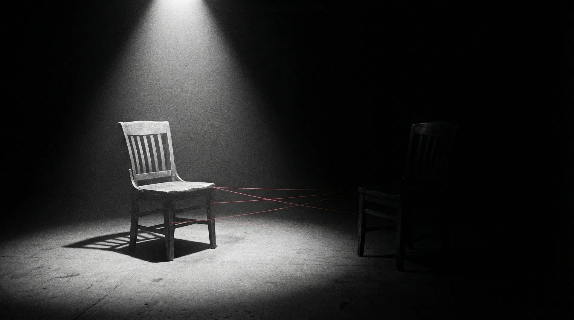 Duas cadeiras conectadas por fios vermelhos representando padrão relacional invisível