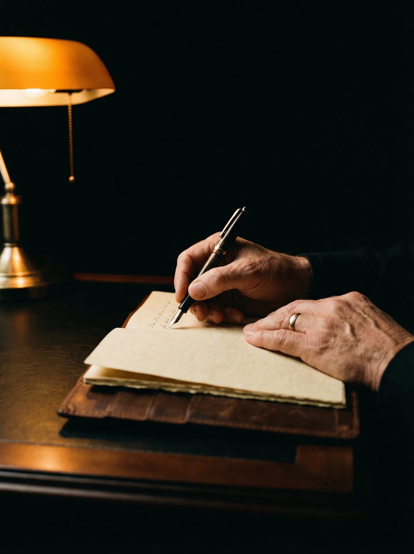 Mão escrevendo em caderno escuro sob luz lateral, representando reflexão e consciência