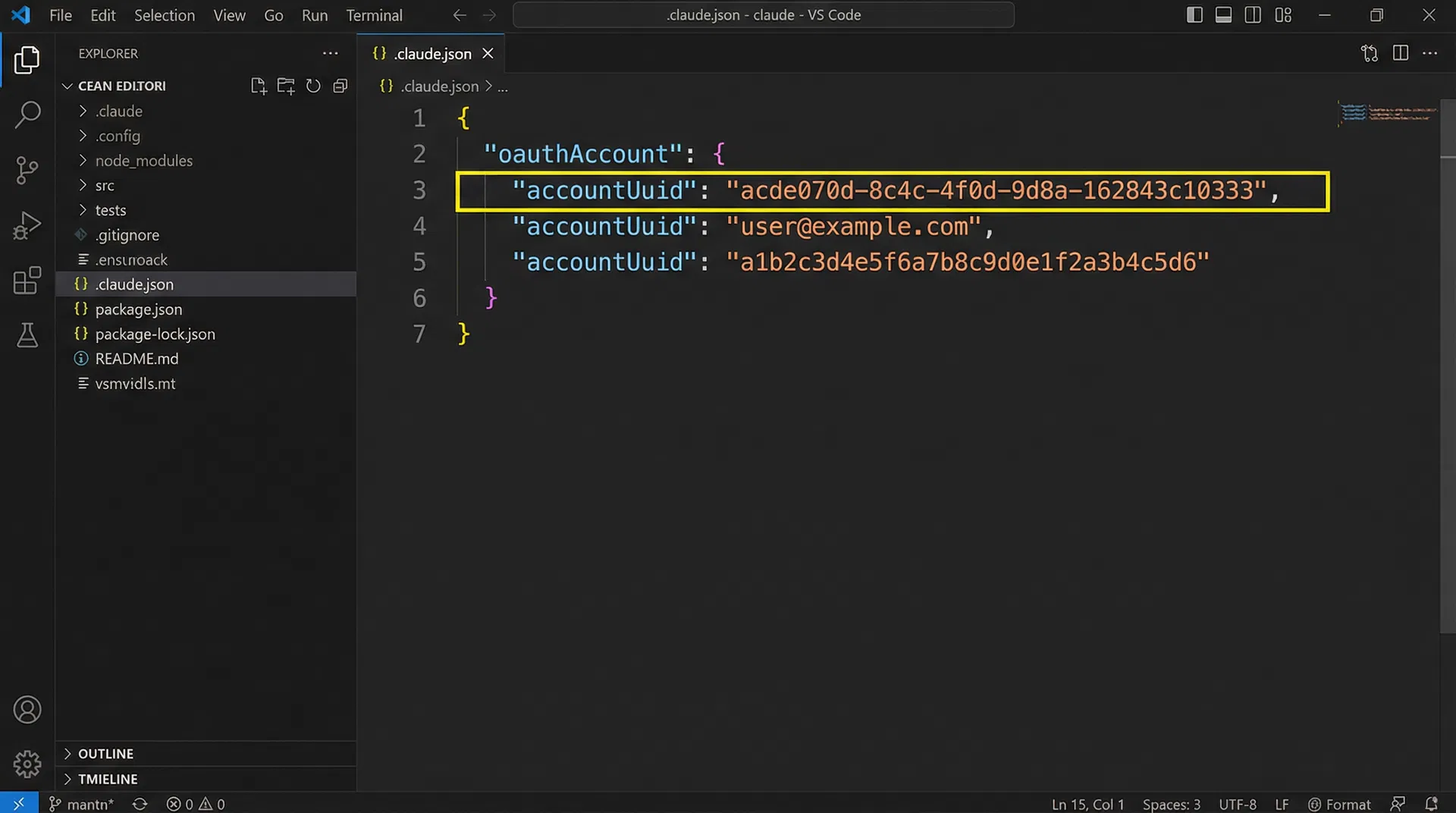 VS Code showing .claude.json file with accountUuid highlighted