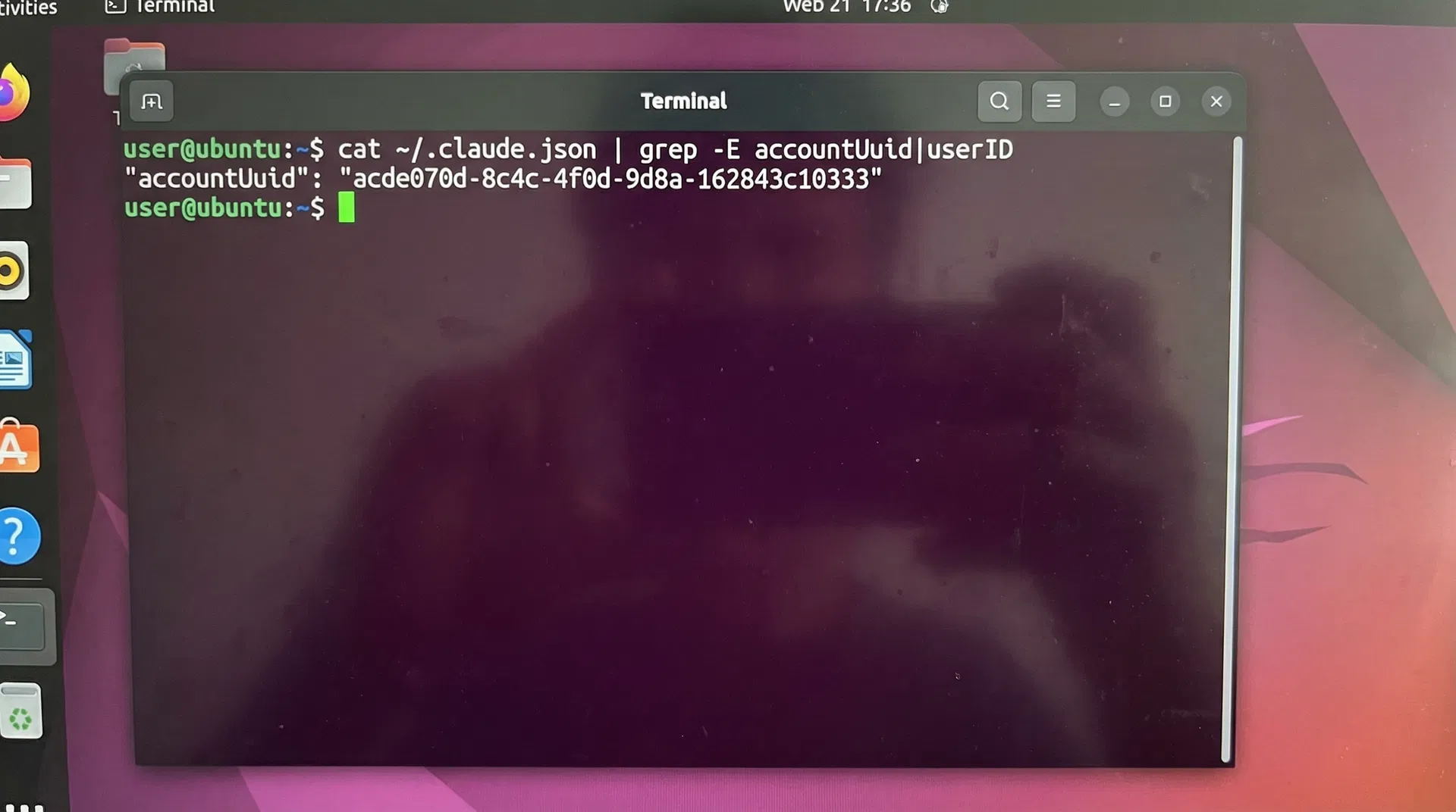 Linux Terminal showing the grep command to find accountUuid