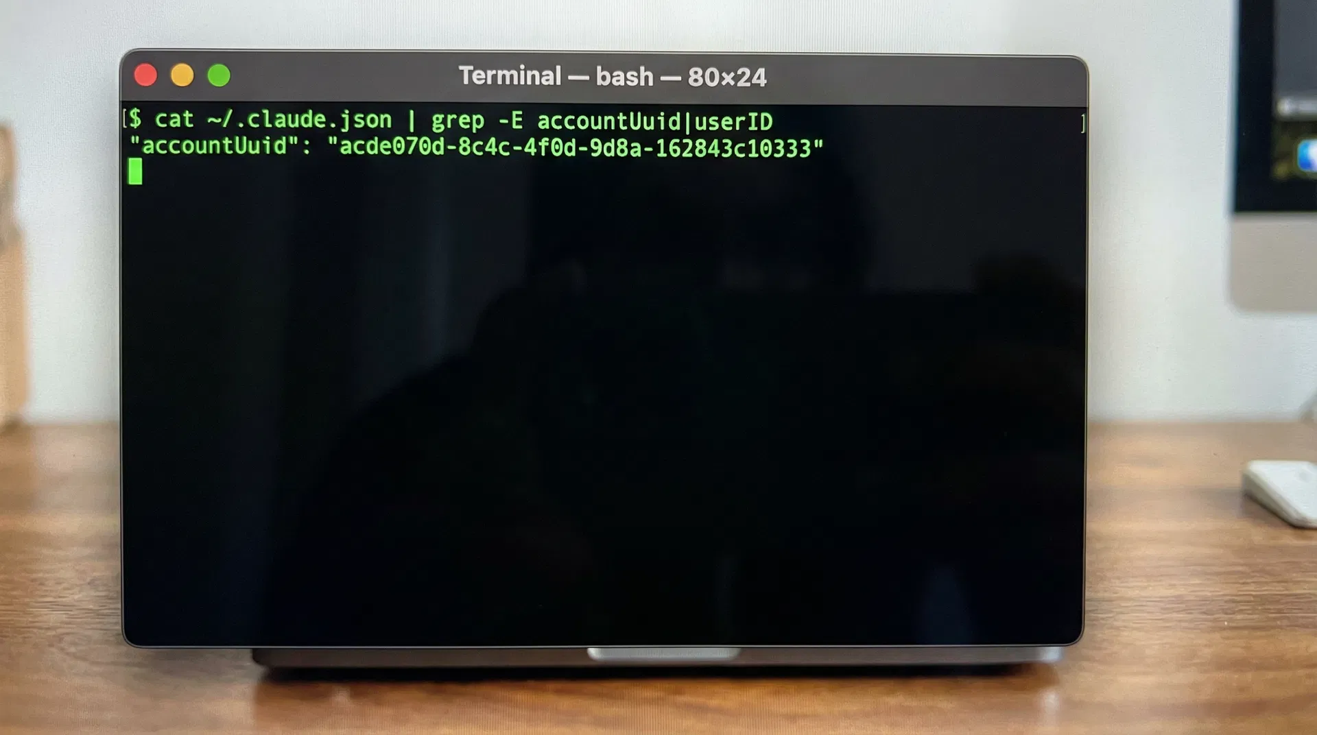 macOS Terminal showing the grep command to find accountUuid