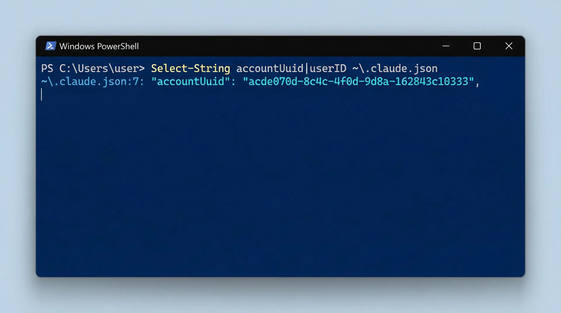 Windows PowerShell showing the Select-String command to find accountUuid