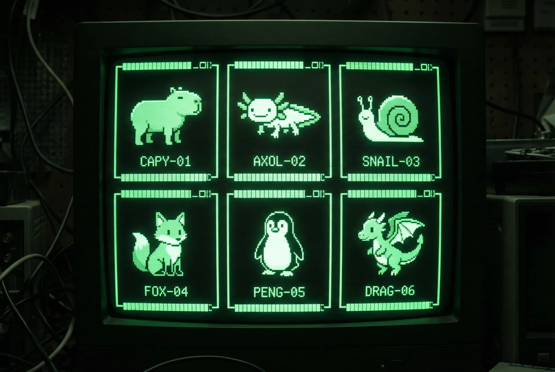Grid of 6 Claude Code buddy species rendered in retro terminal style