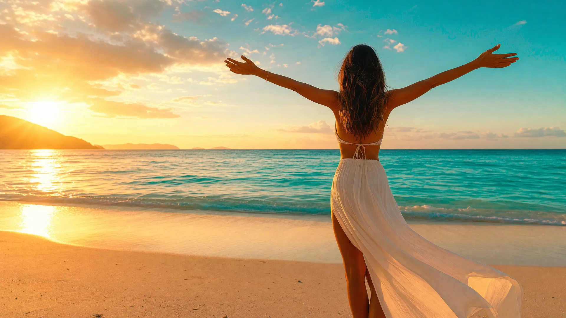 Mulher livre na praia ao pôr do sol