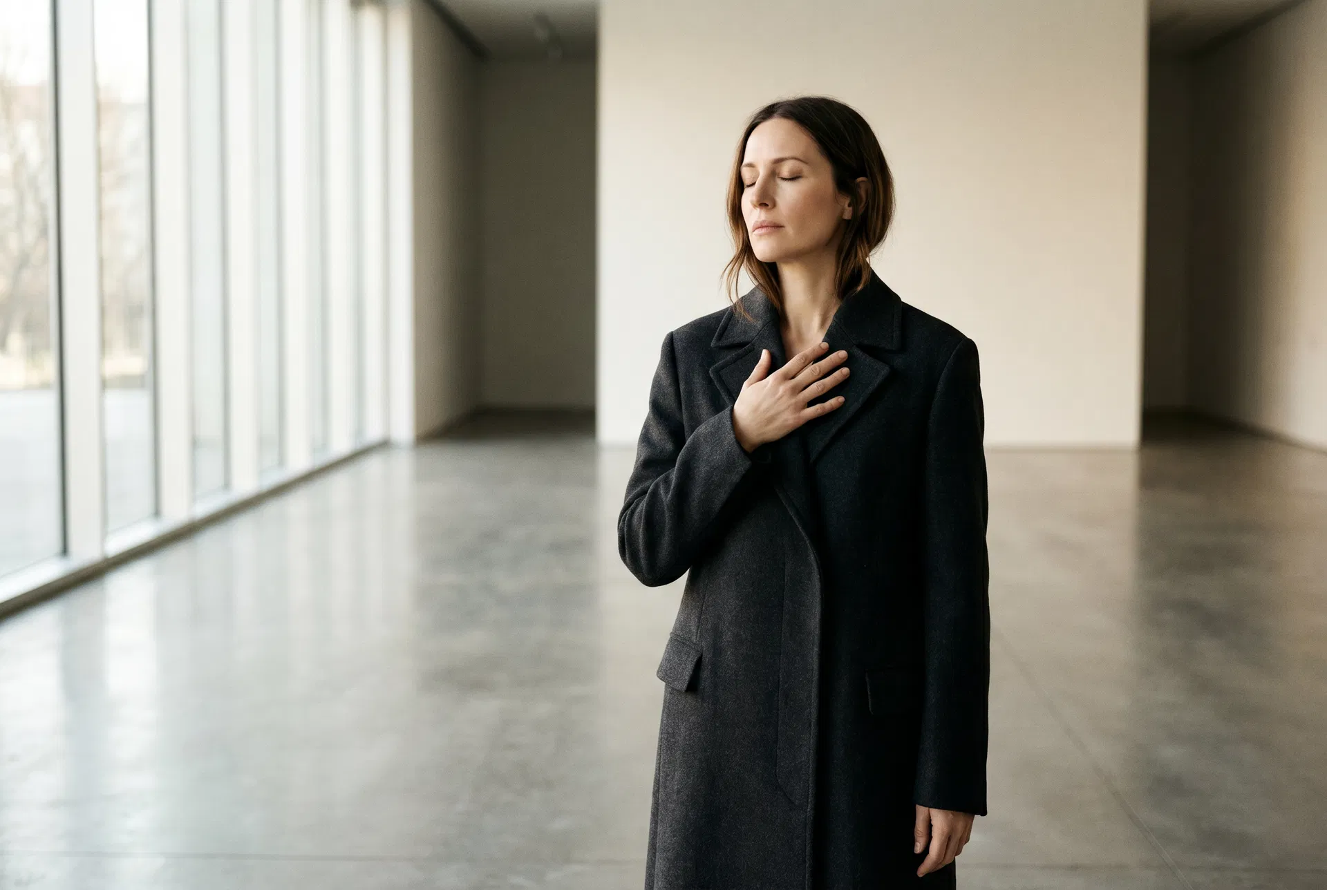 Femeie în palton de lână într-o galerie minimalistă, mâna pe piept, ochii închiși — un moment de ascultare interioară profundă