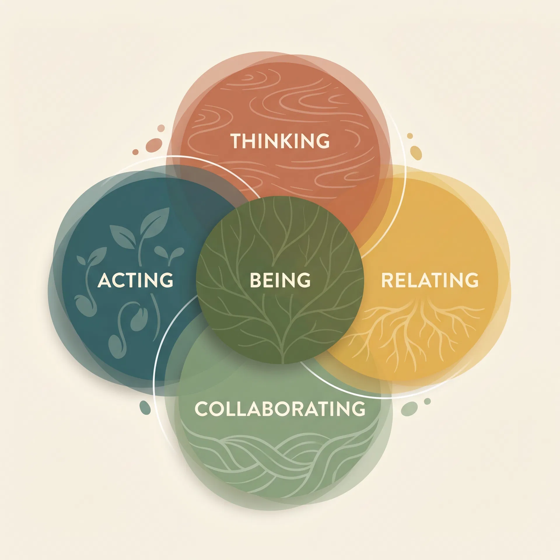 Die fünf IDG-Dimensionen: Being, Thinking, Relating, Collaborating, Acting