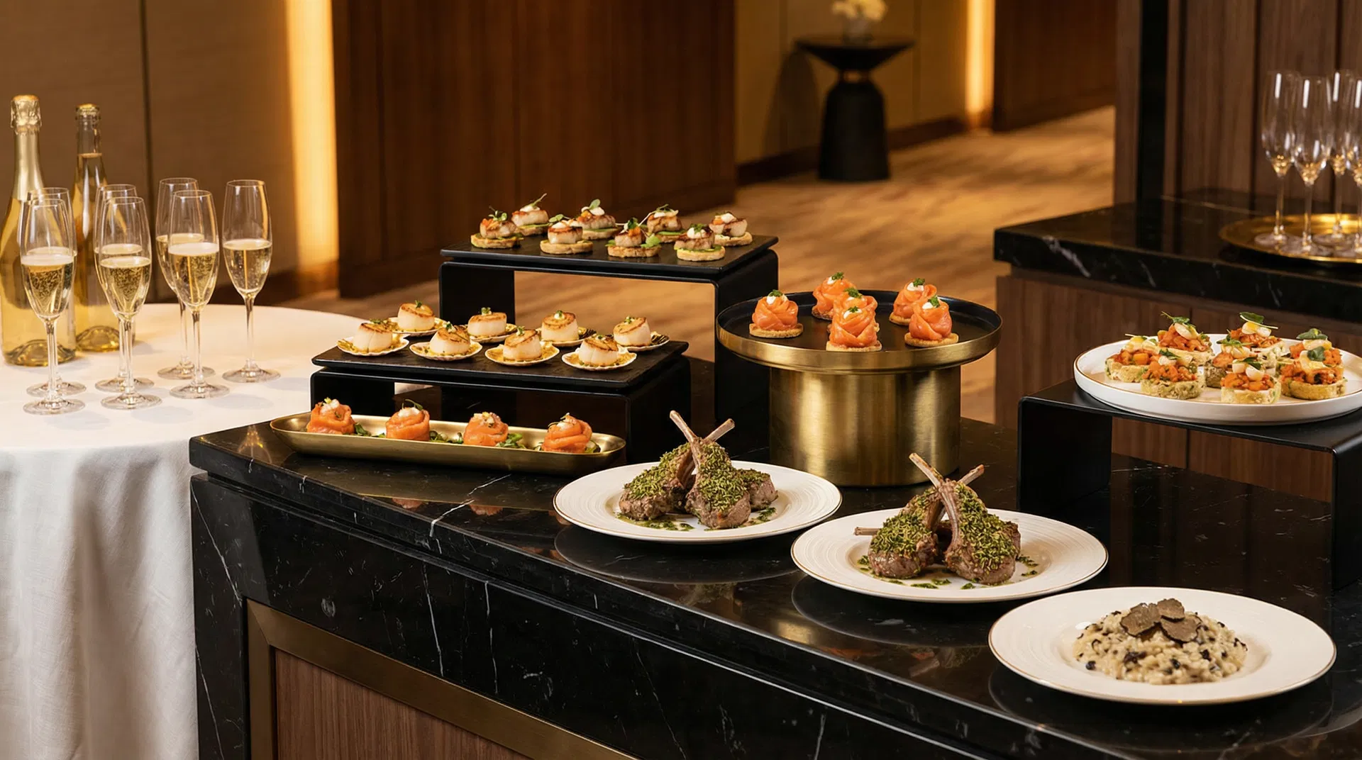 Premium gourmet catering display with elegant plating