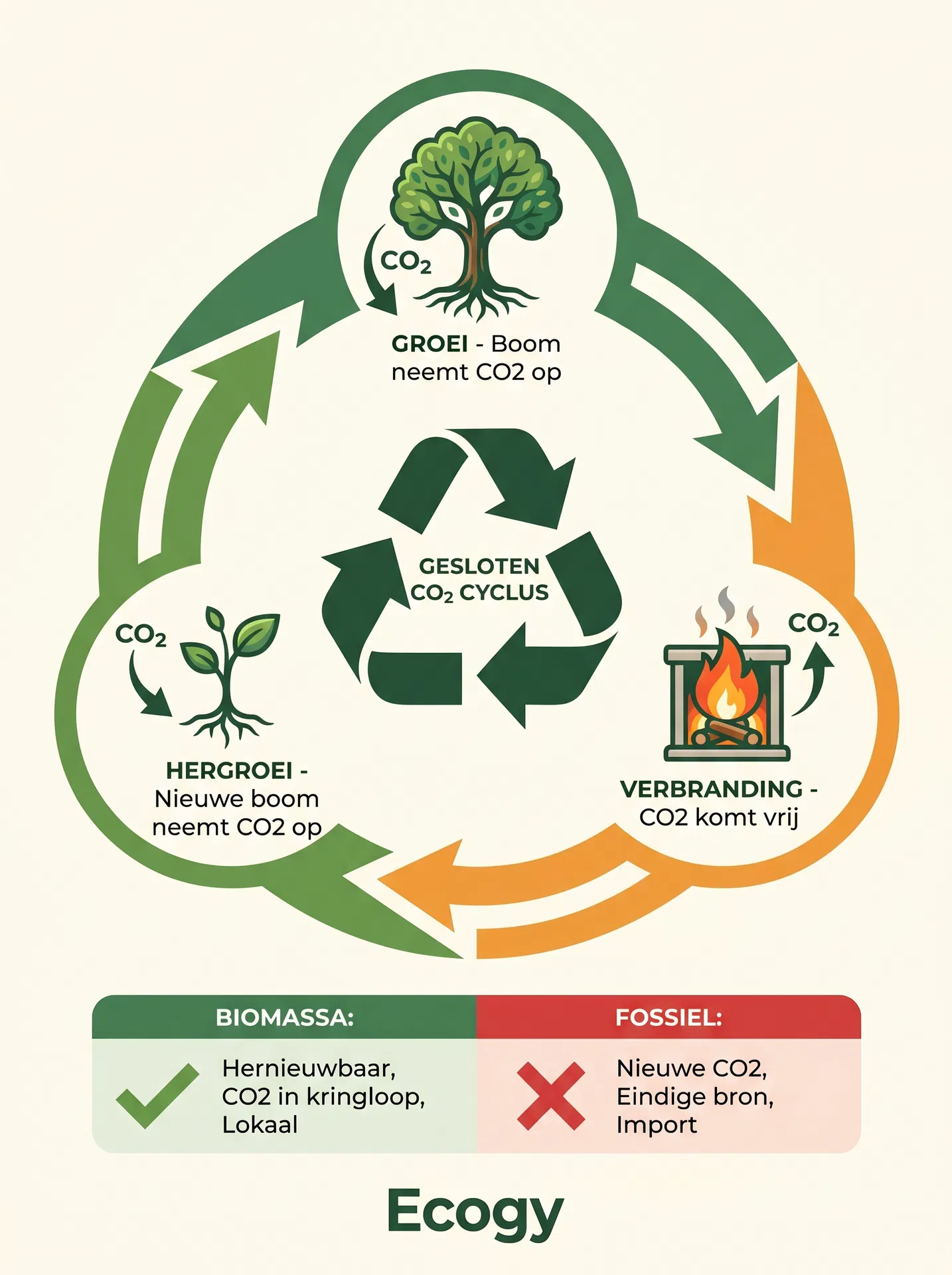 CO₂ cyclus hout en pellets biomassa uitleg schema — groei, verbranding, hergroei in gesloten kringloop