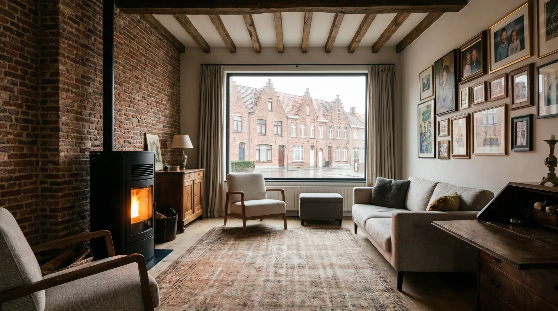 Belgische woonkamer met moderne pelletkachel en typisch Vlaams interieur
