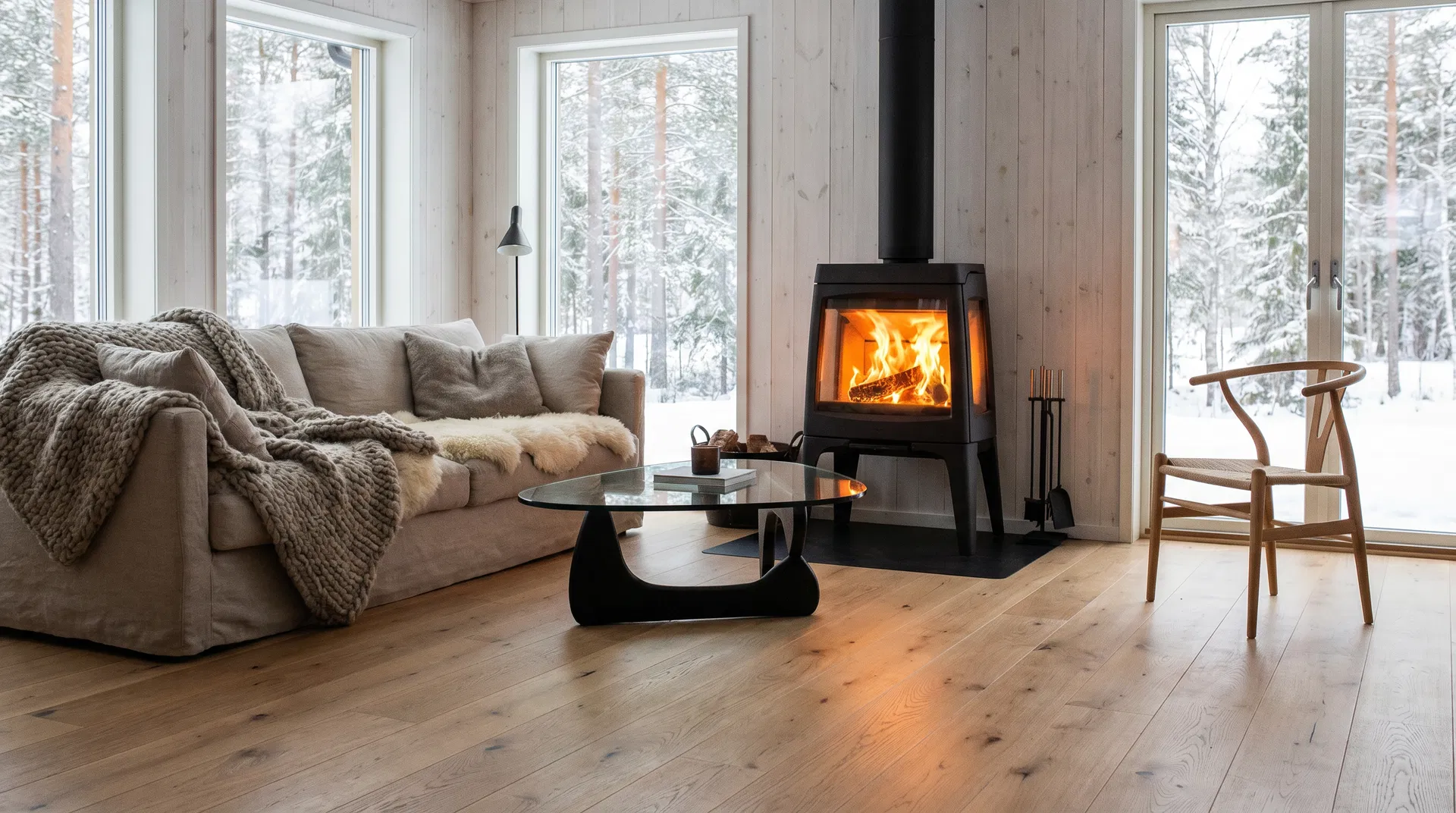 Scandinavisch interieur met moderne houtkachel en sneeuwlandschap buiten