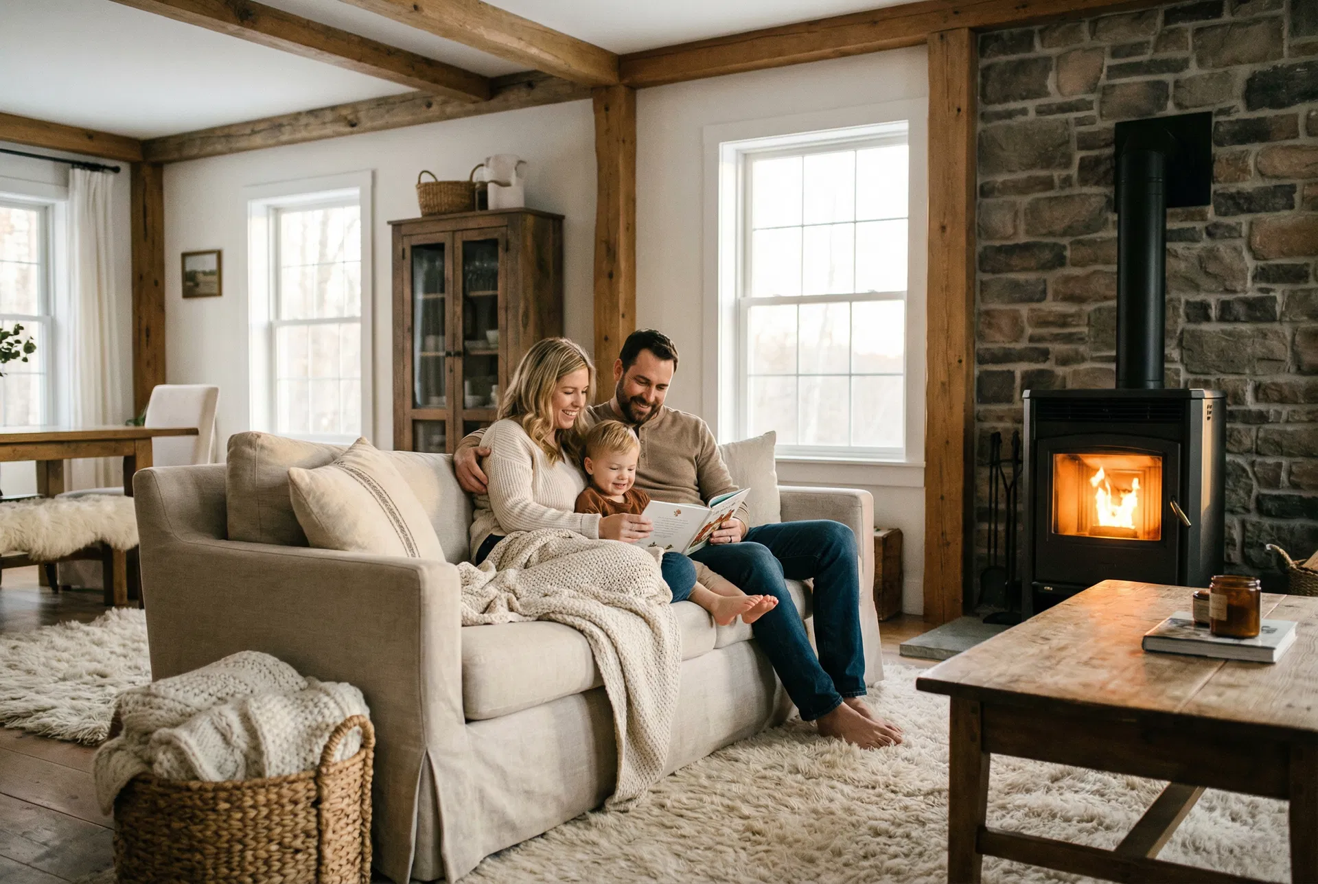 Gezin geniet van warmte bij de kachel