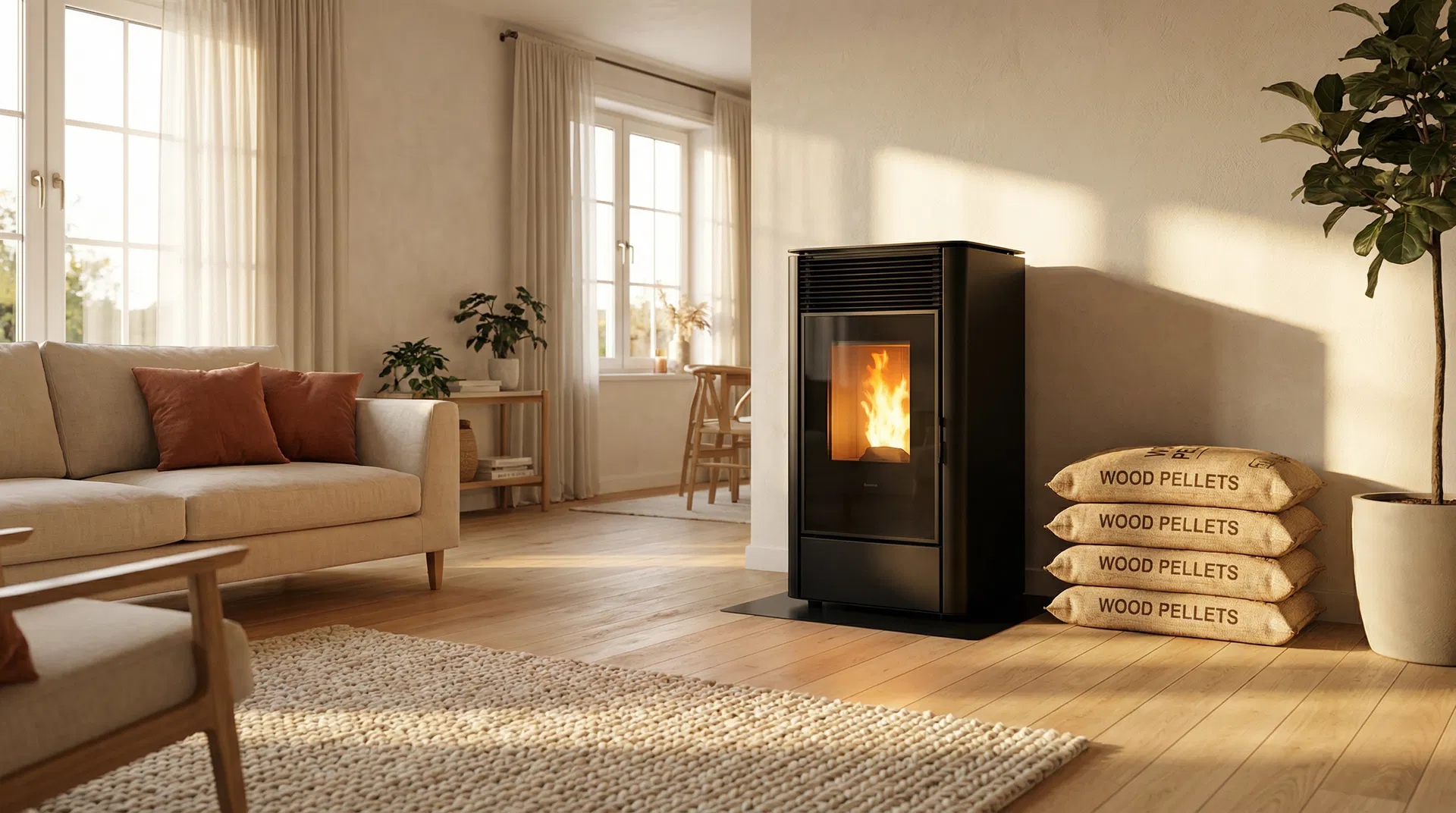 Ferlux pelletkachel in een warme woonkamer