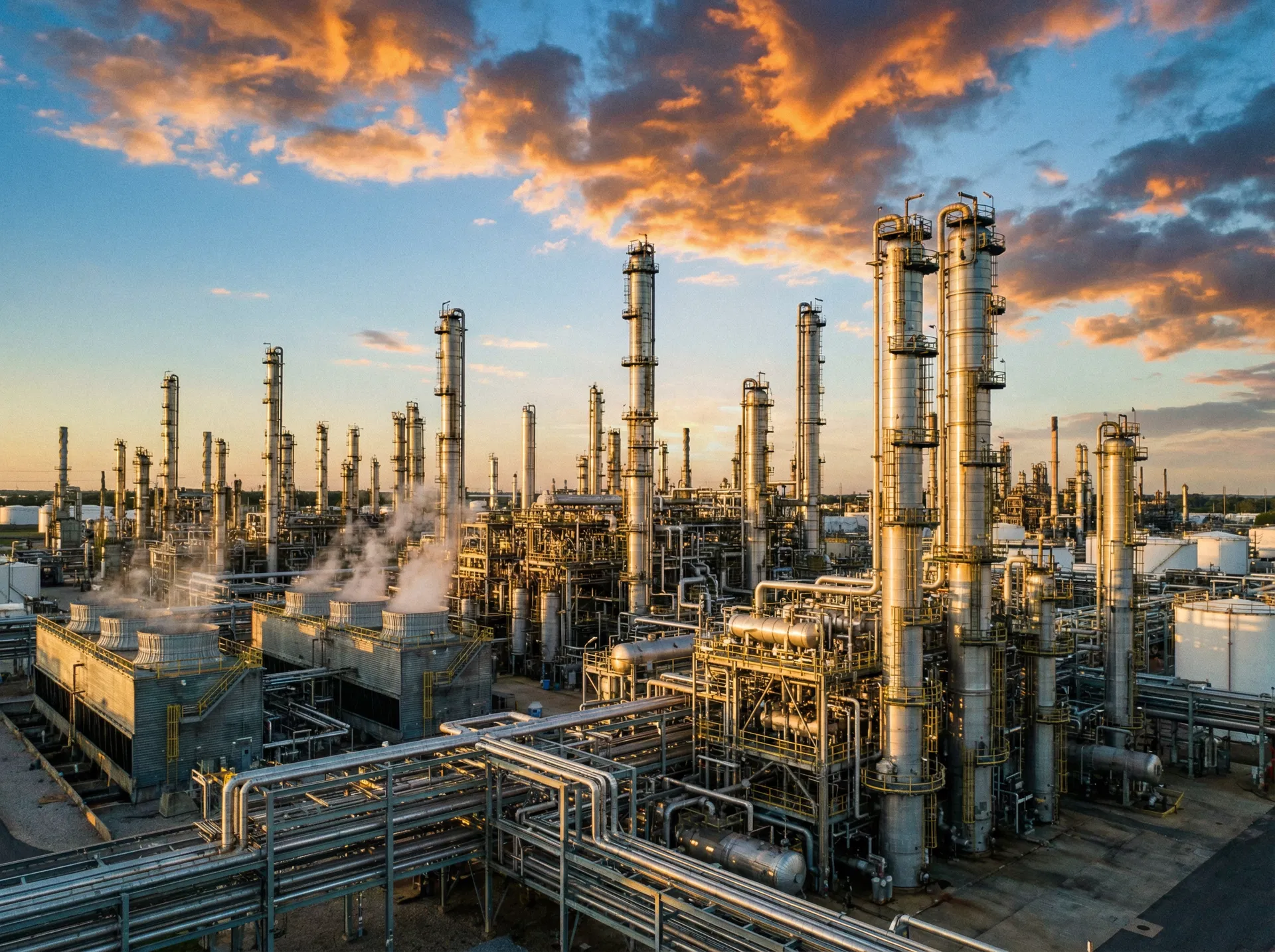 Large-scale petrochemical plant with distillation towers and industrial processing equipment