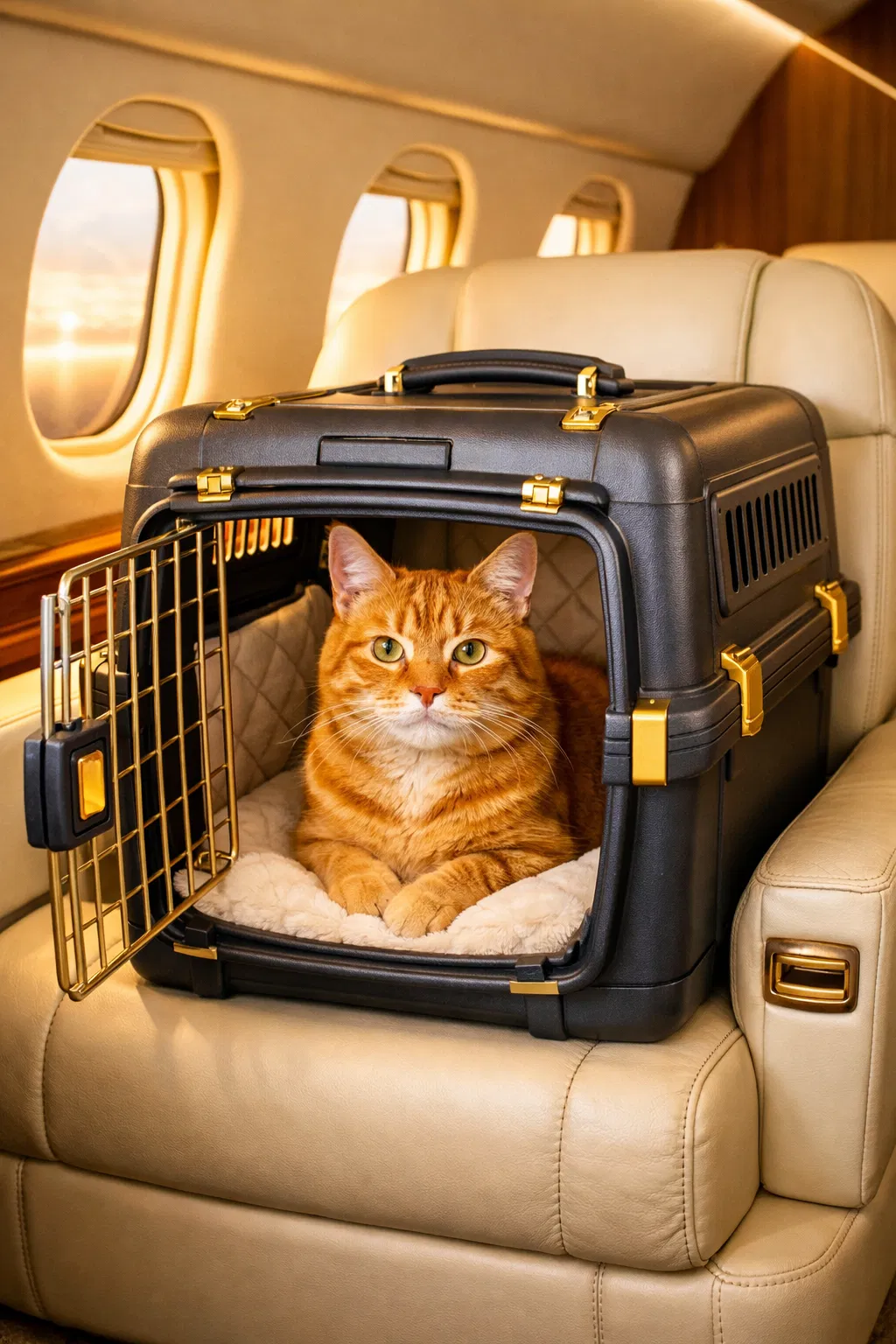 Larry the cat in luxury pet crate in aircraft cabin