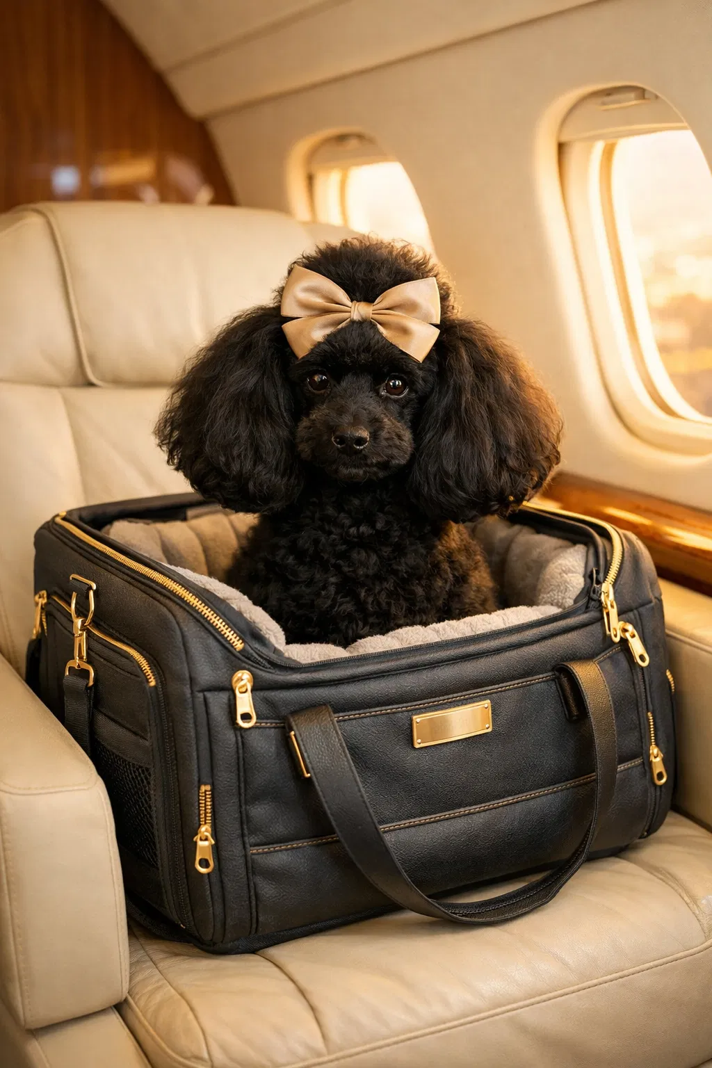 Lola in luxury pet crate in aircraft cabin