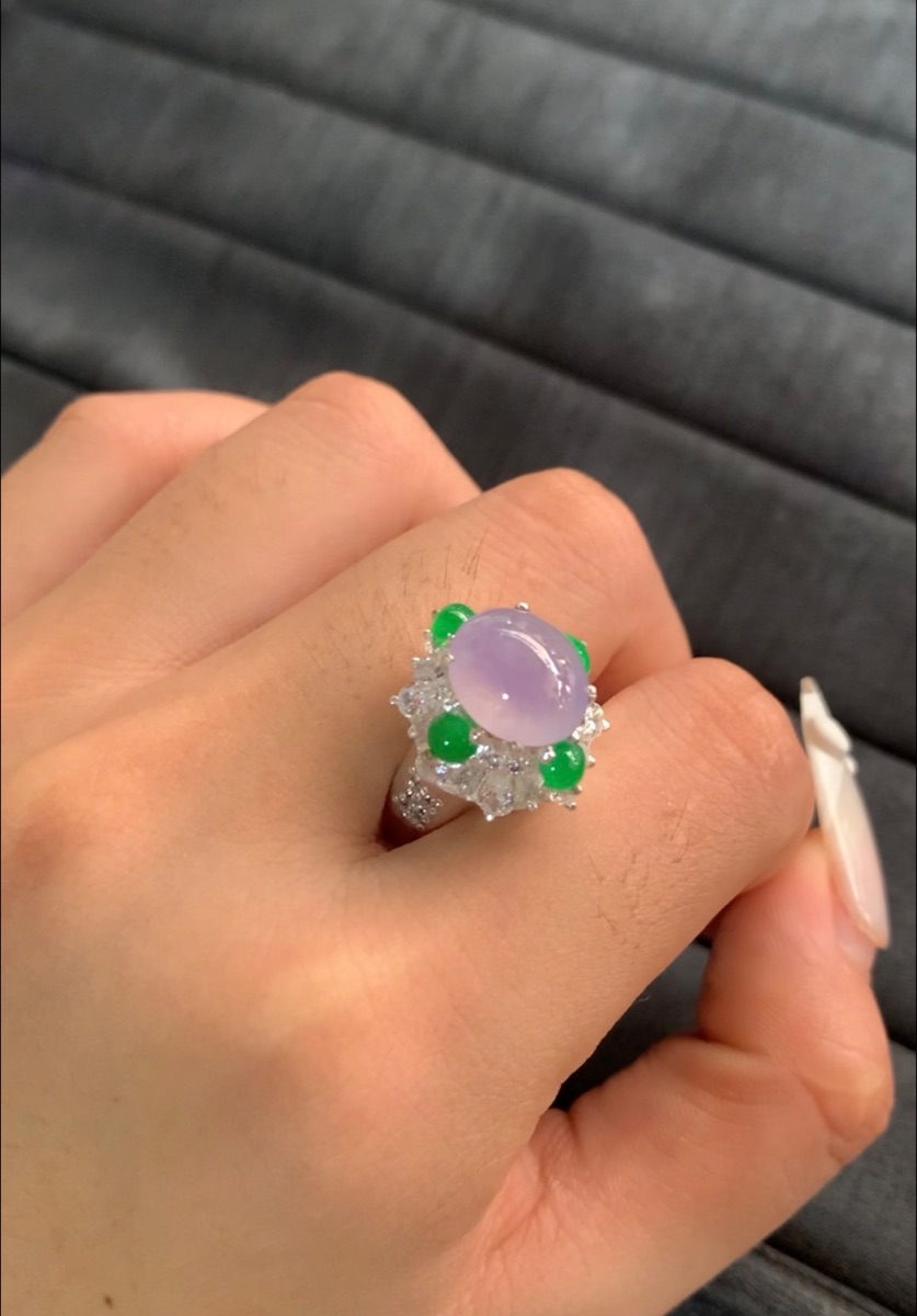Natural Lavender Jade with Green Accents Silver Ring 2