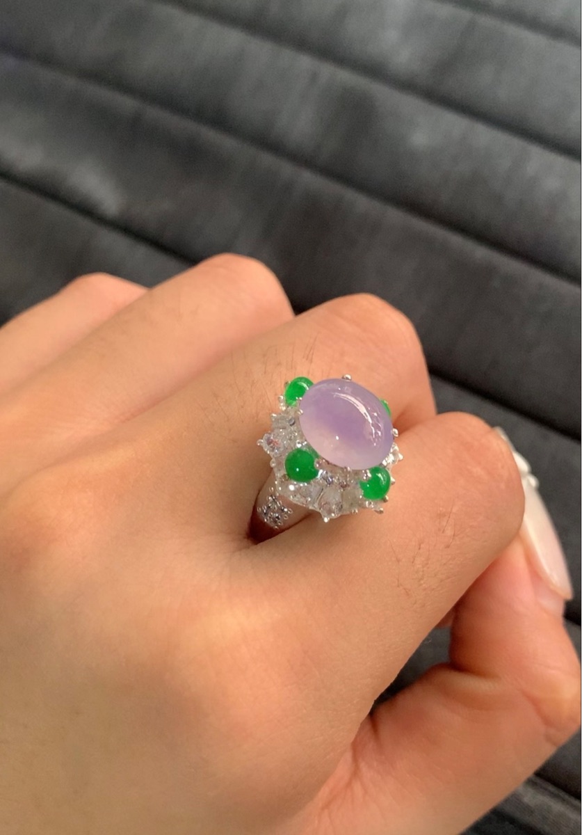 Natural Lavender Jade with Green Accents Silver Ring