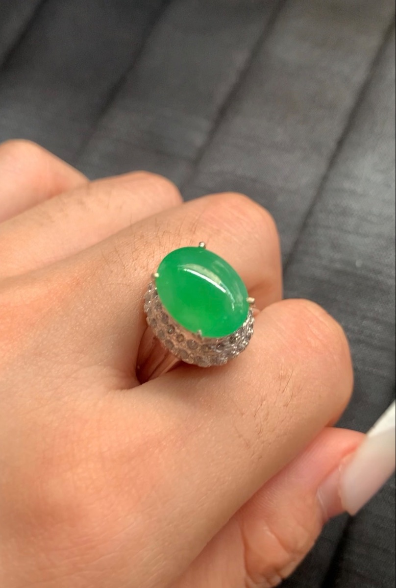   Natural Vivid Green Jade Ring with Pave Diamond Setting