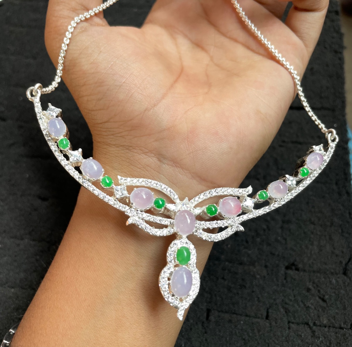   Lavender and Green Jade Floral Necklace