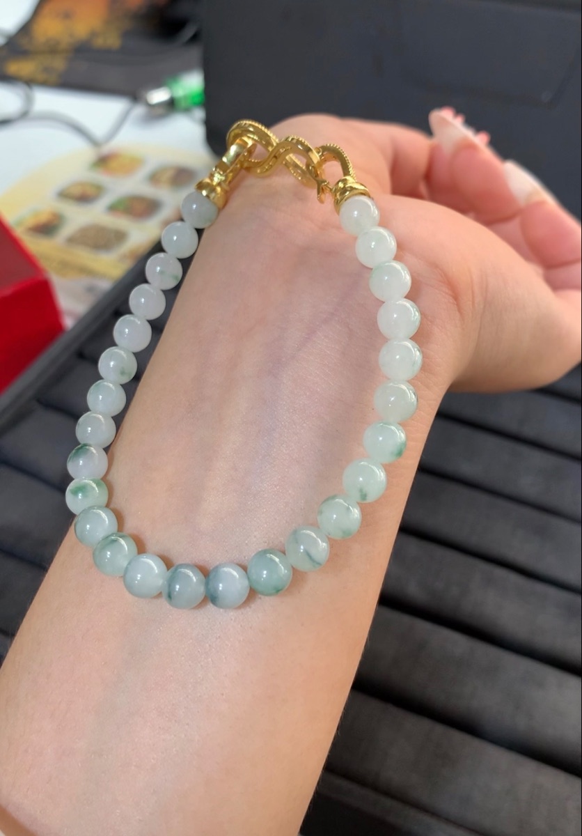  Natural Icy White Jade with Blue Green Patterns Bracelet