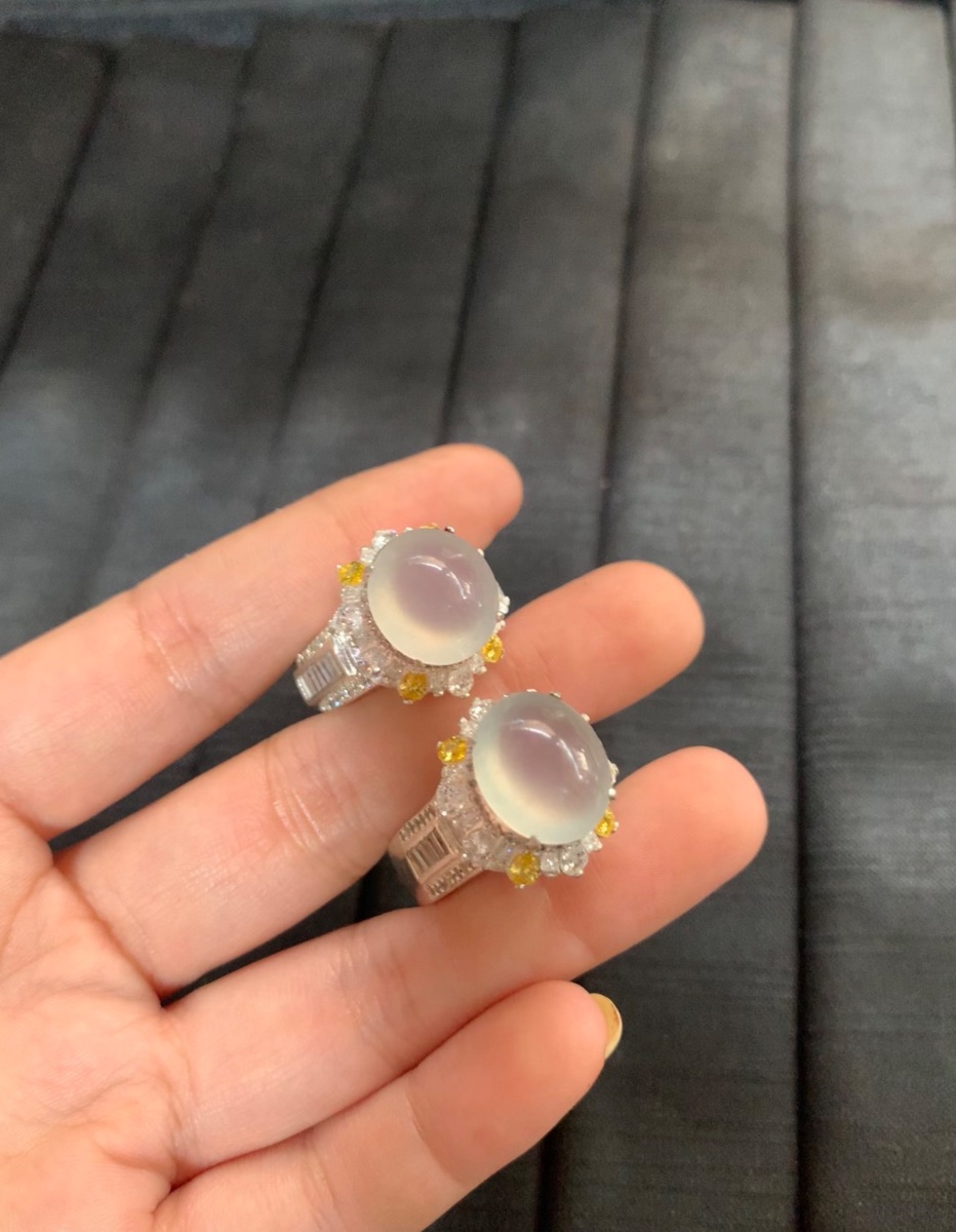 Natural Icy Lavender Jade Ring Pair with Yellow Sapphire Accents 2