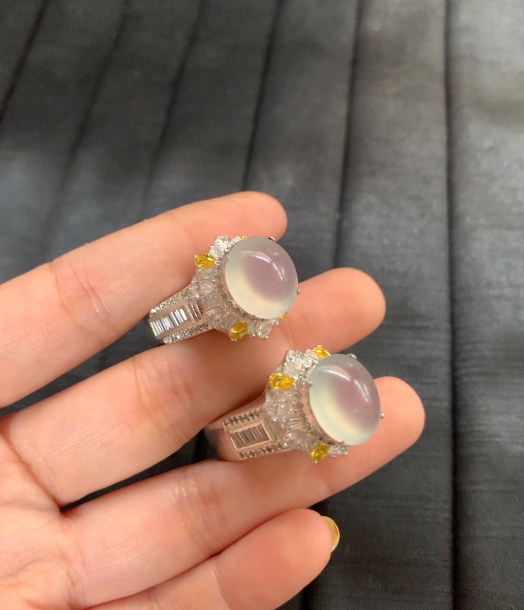 Natural Icy Lavender Jade Ring Pair with Yellow Sapphire Accents