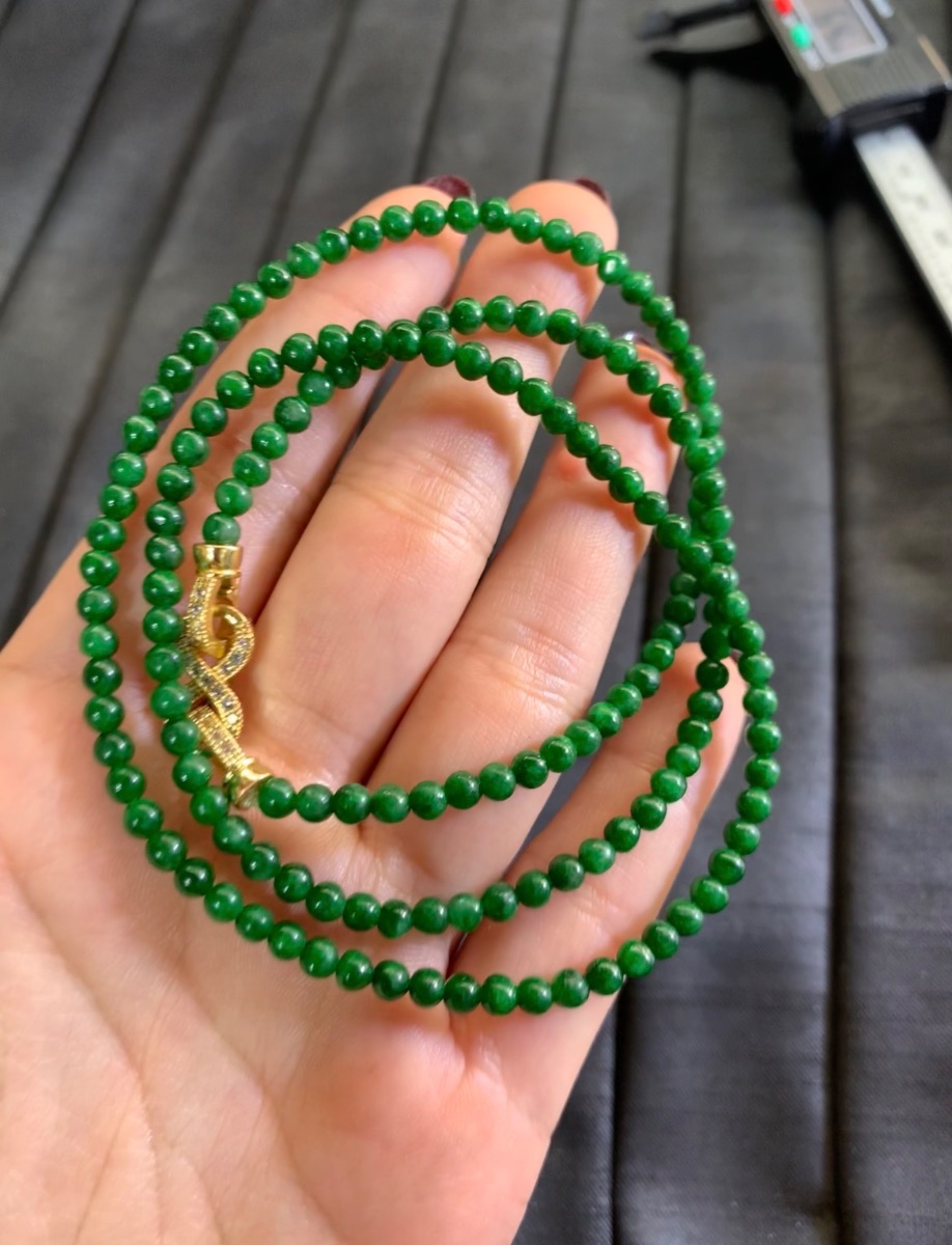   Vibrant Rich Green Jade Beaded Long Necklace with Gold Clasp