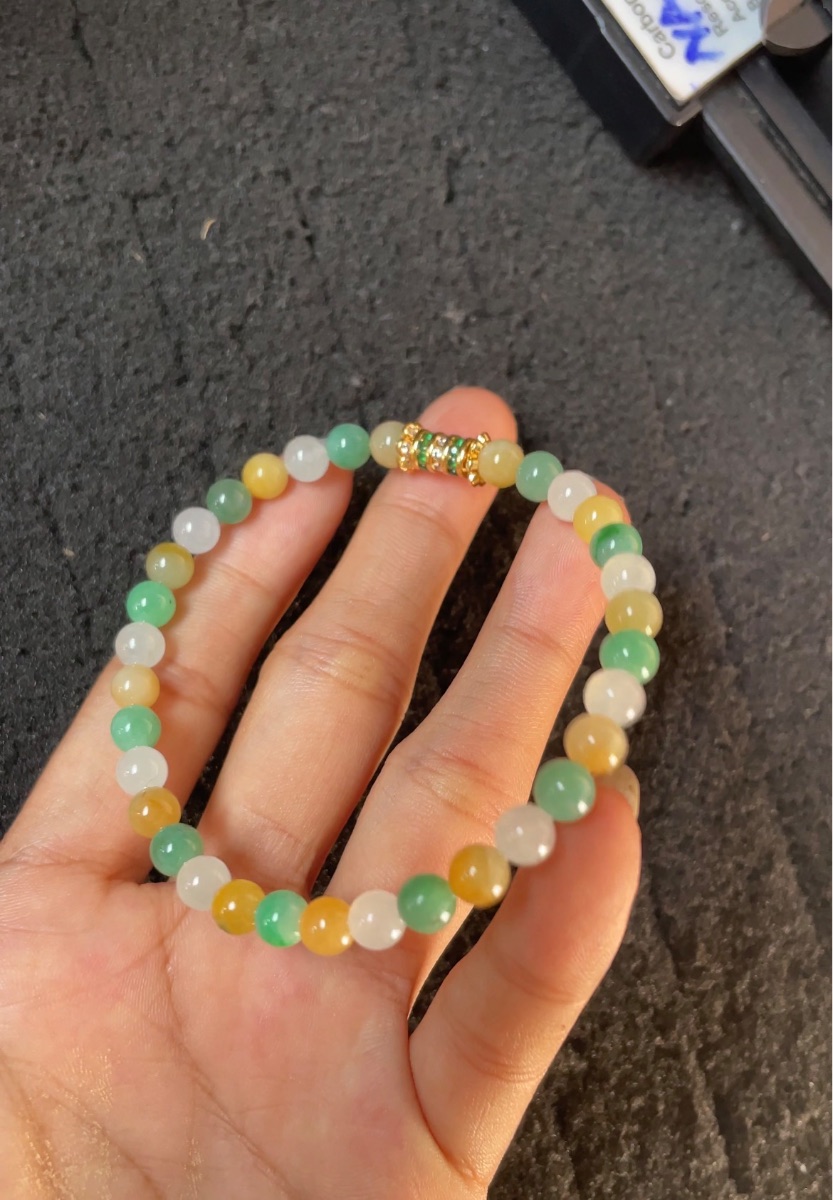   Tri-Color Green Yellow White Jade Bead Bracelet with Gold Spacer