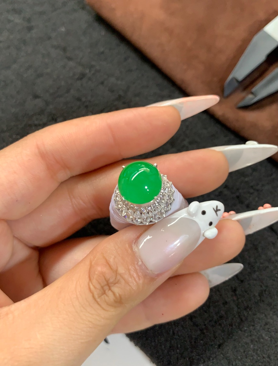  Vivid Green Jadeite Ring with Sparkling Crystals