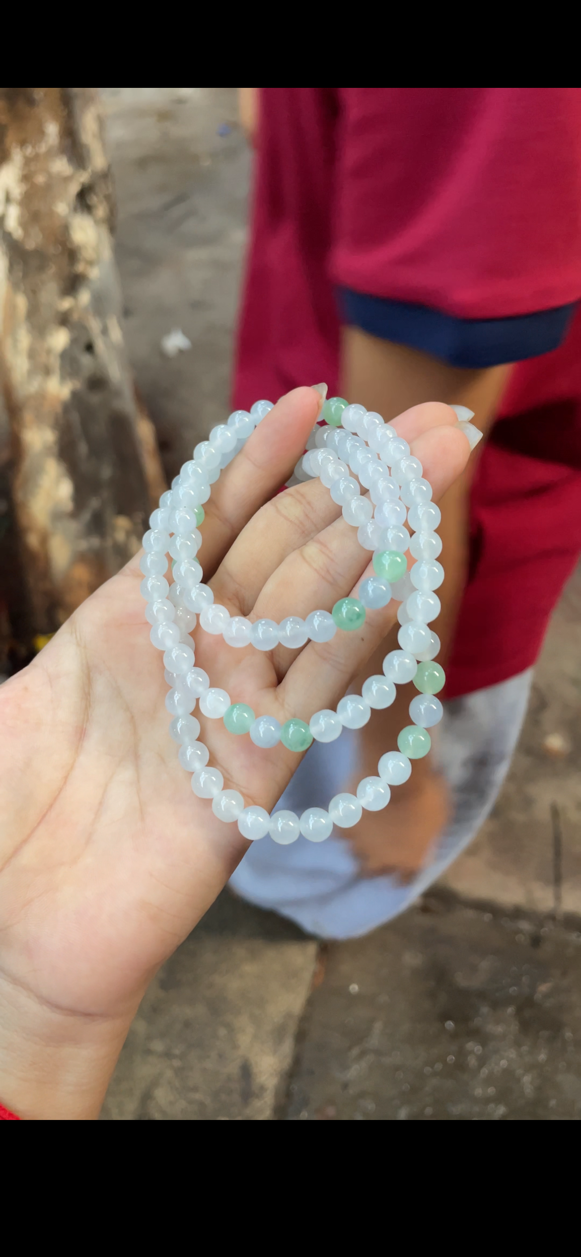 Icy White Jade with Green Accent Beads Long Necklace / Multi-Layer Bracelet