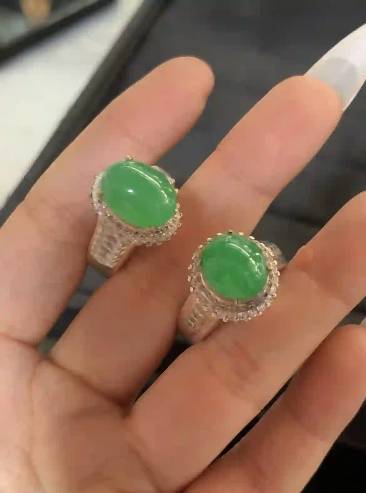  Natural Vivid Green Jade Diamond Halo Ring, view 2 | Myanmar Jadeite reference #1710008