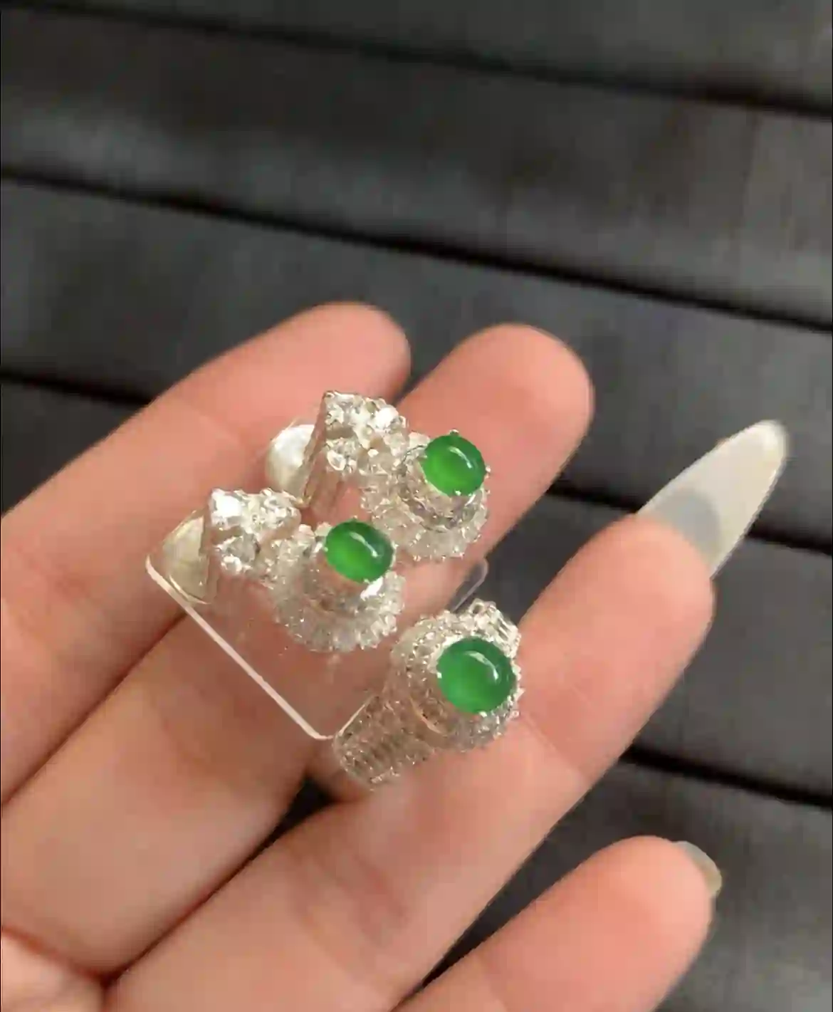 Elegant Green Jade Rings Set, view 2 | Myanmar Jadeite reference #2130005
