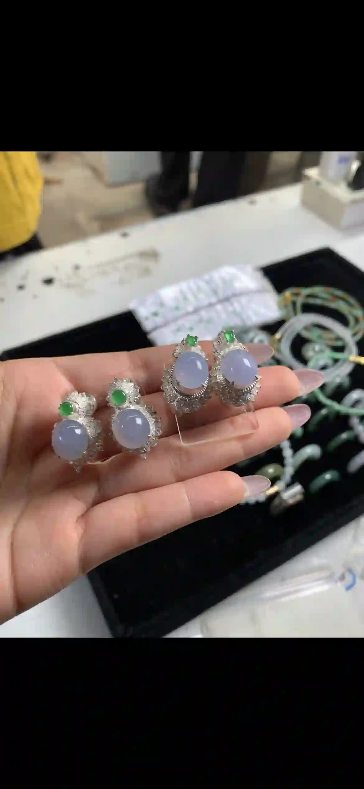Icy Lavender Jadeite Halo Ring & Earring Setu | Myanmar Jadeite reference #11280001
