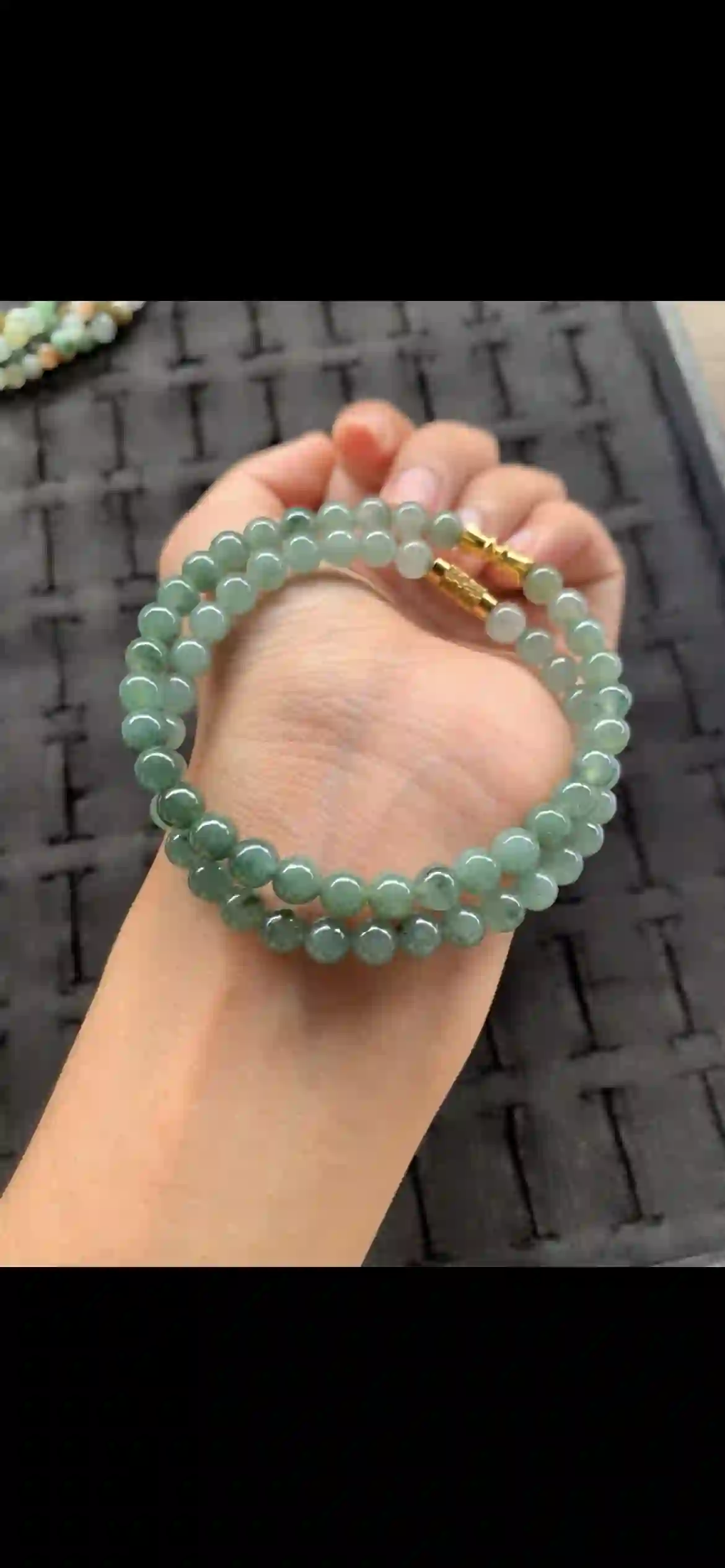 Deep Icy Green Floating Jade Bead Bracelet with Gold Clasp, view 2 | Myanmar Jadeite reference #18480001