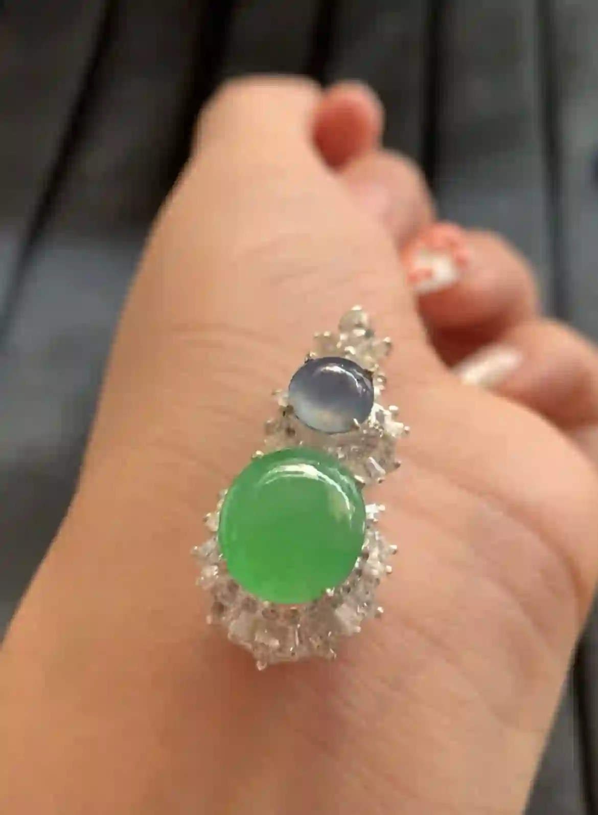   Two-Tone Green and Blue Jade Halo Ring | Myanmar Jadeite reference #1980005