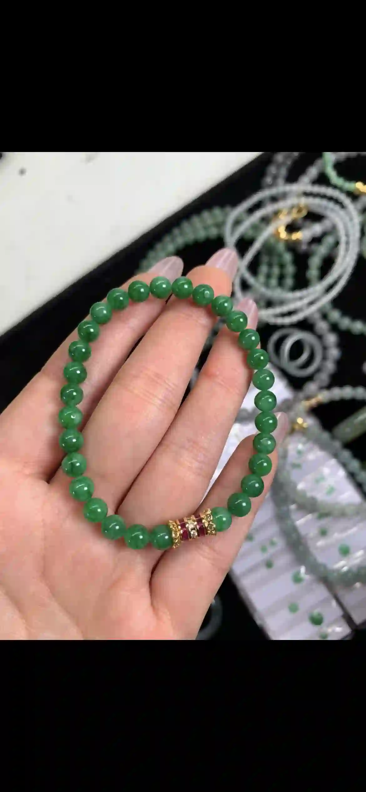 Vivid Full Green Jadeite Beaded Bracelet with Gold Accent, view 2 | Myanmar Jadeite reference #12120001
