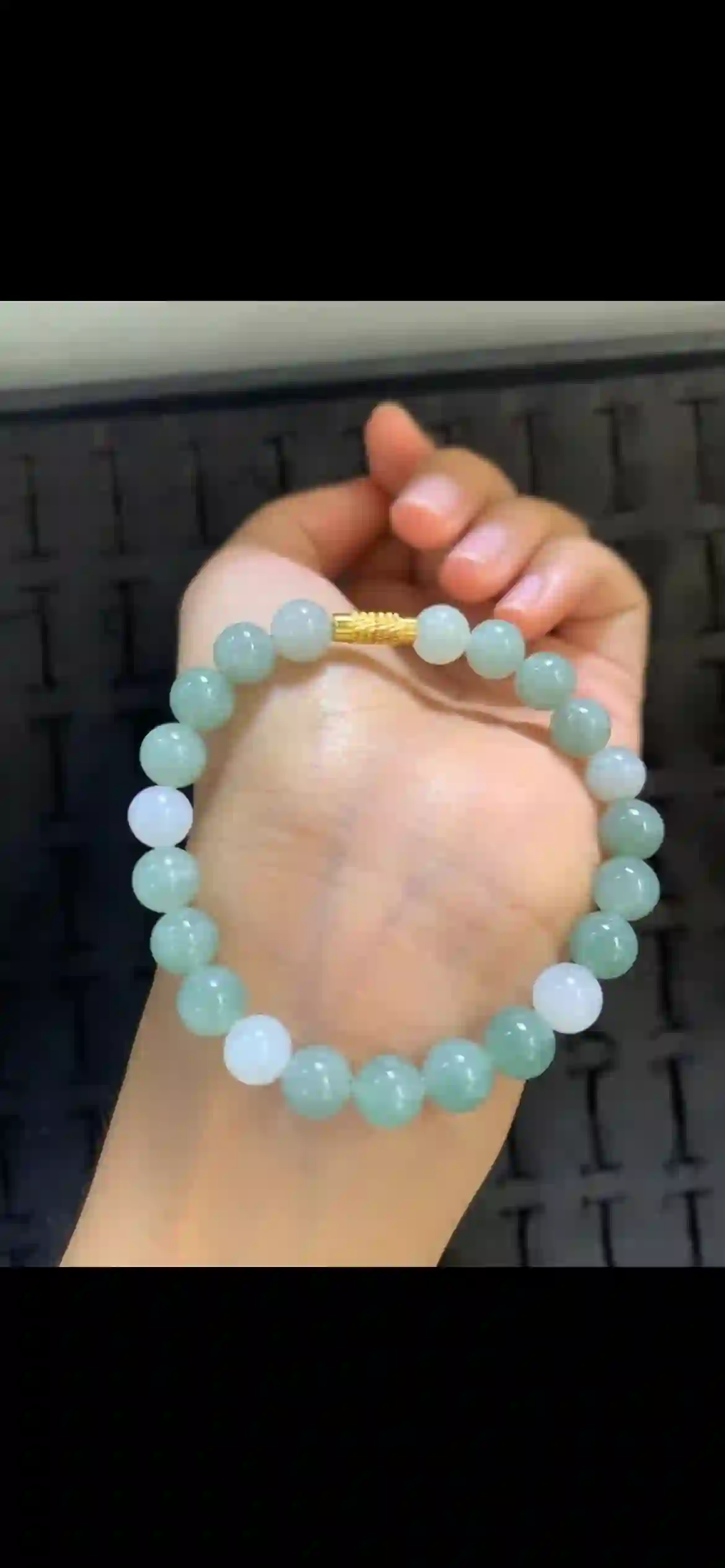 Pale Celadon & Milky White Jade Bead Bracelet with Gold Clasp, view 2 | Myanmar Jadeite reference #19890001