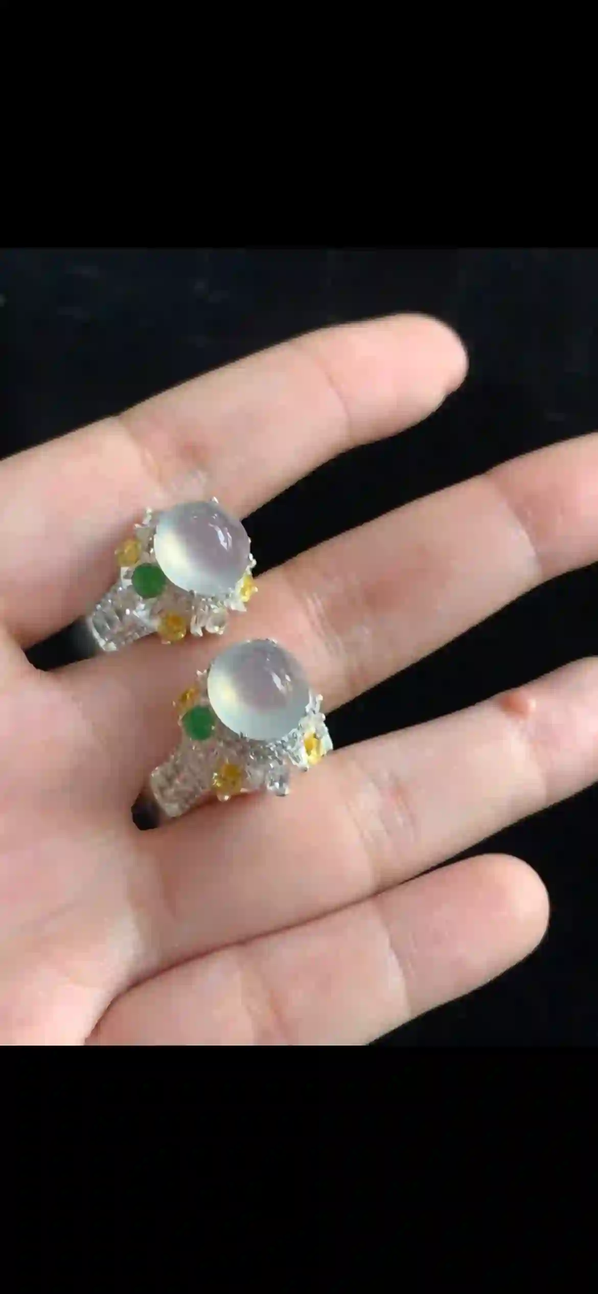 Icy Moonlight Jade Cabochon Stud Earrings with Tri-Color Gemstone Accents | Myanmar Jadeite reference #36180001