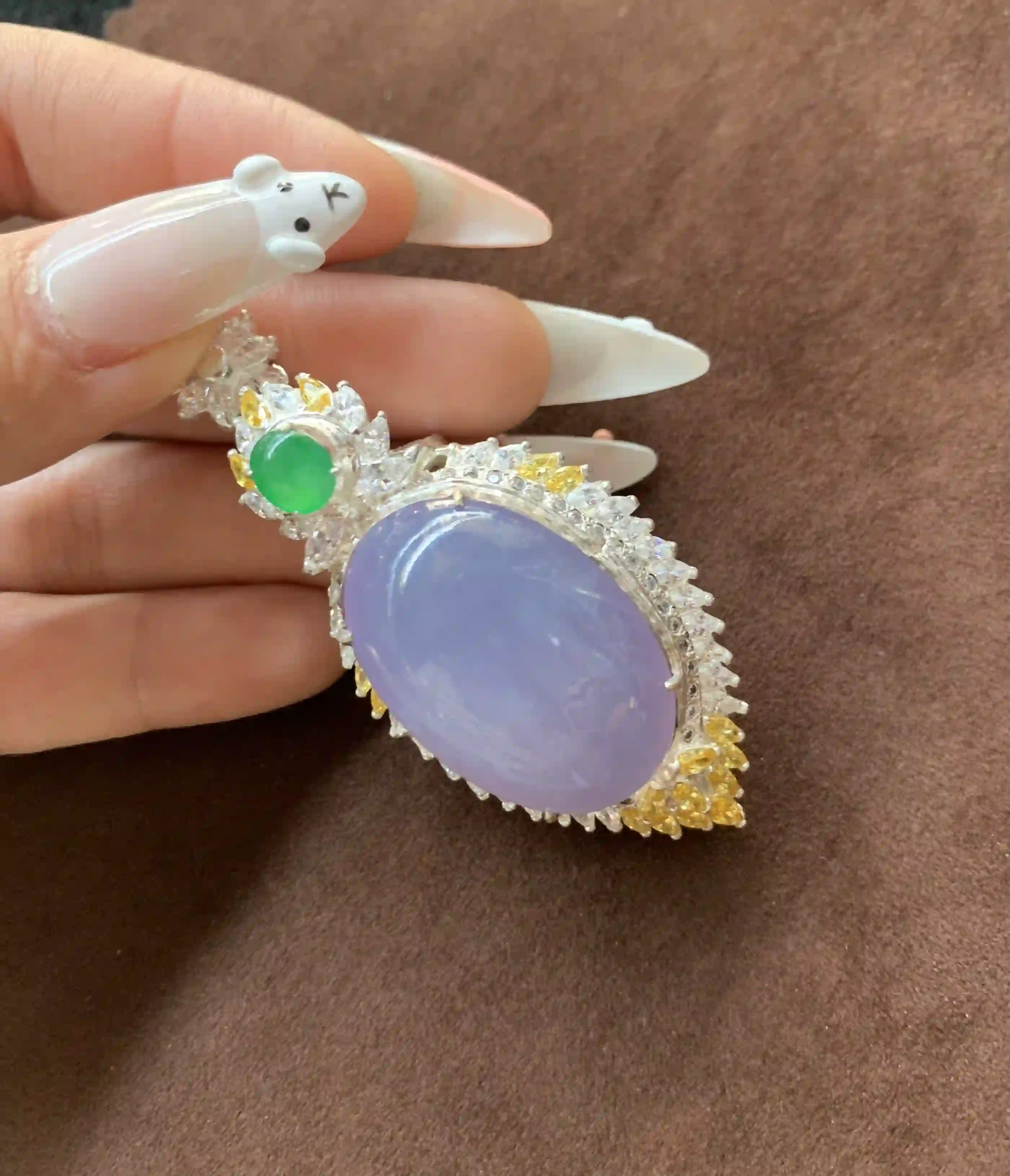 Lavender Jadeite Pendant with Green Accent and Crystals, view 2 | Myanmar Jadeite reference #900005