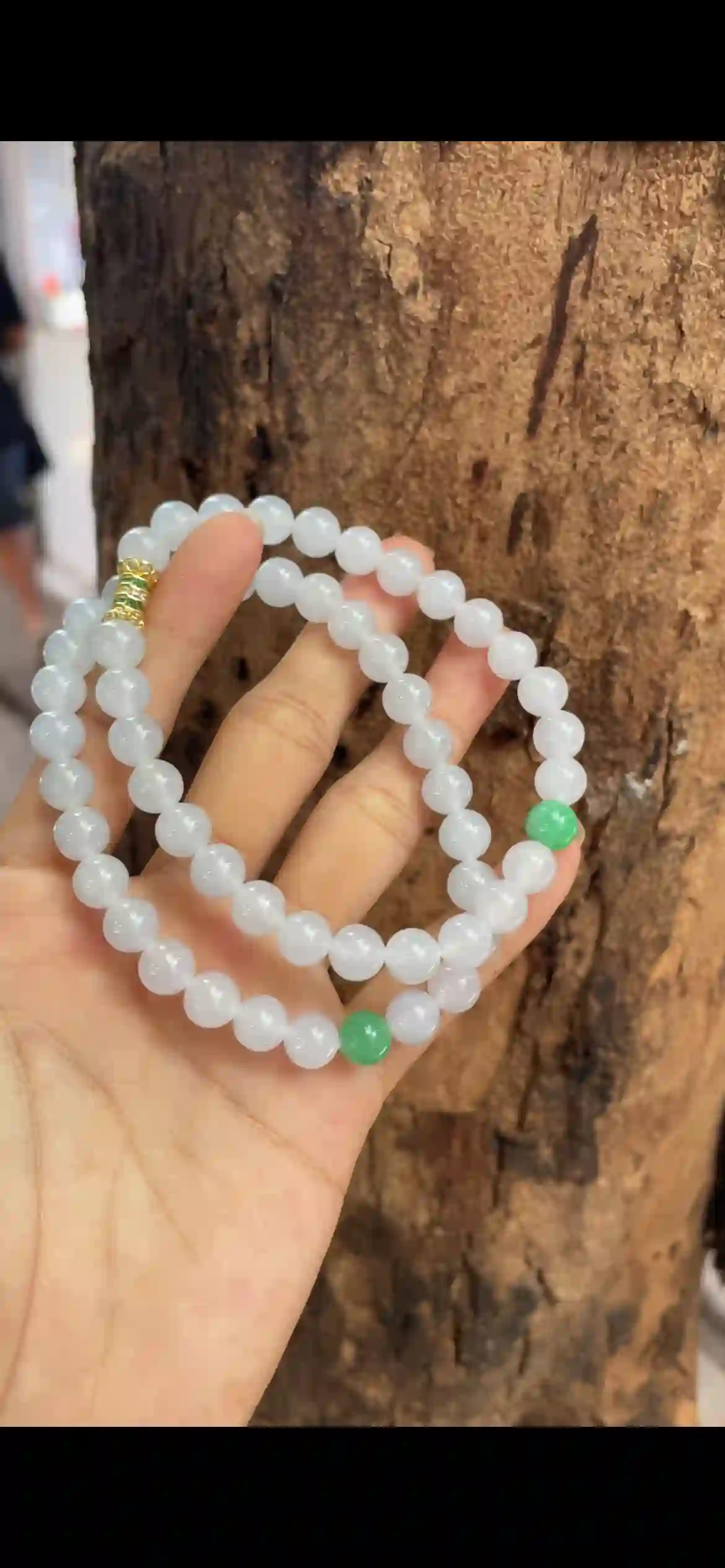  Icy White Jadeite Strand with Bright Green Accent Beads | Myanmar Jadeite reference #9990001