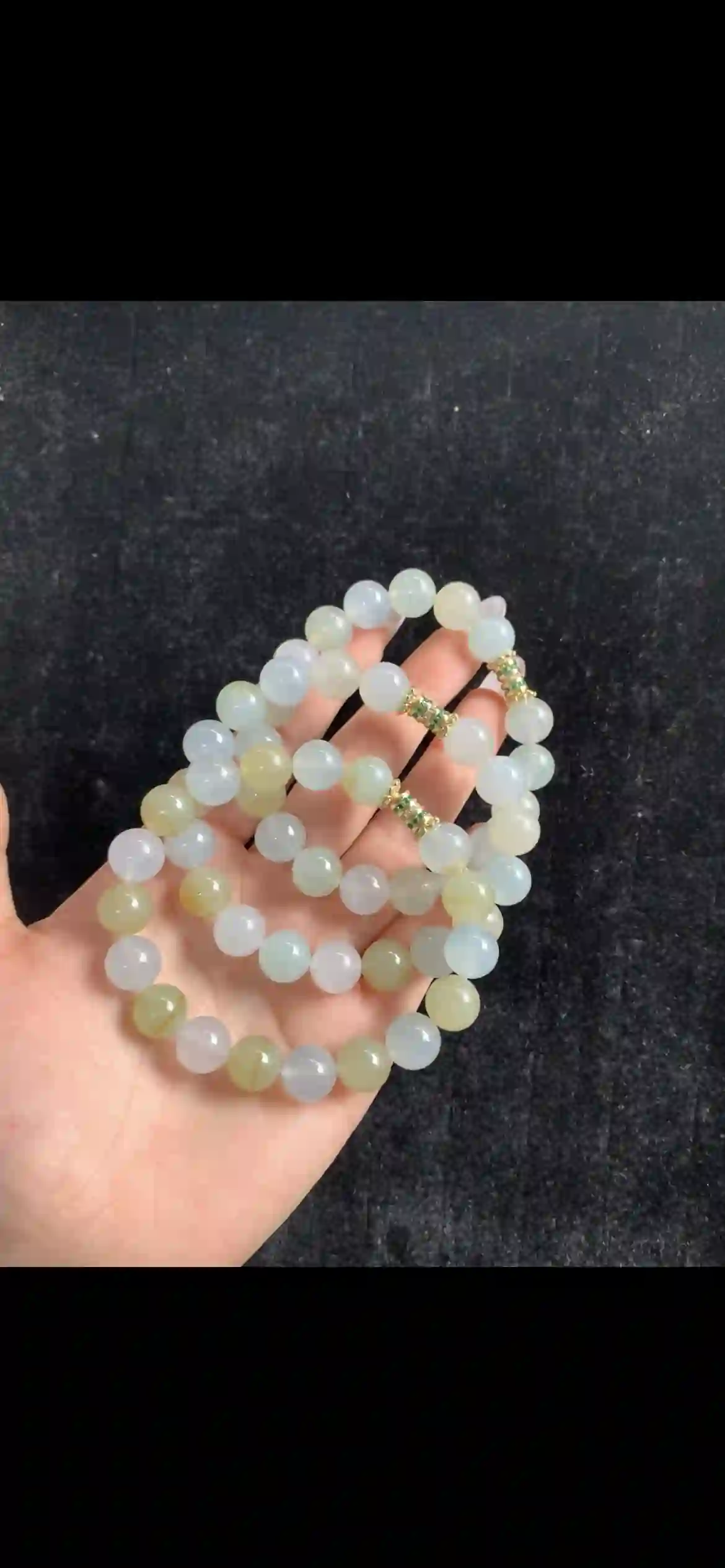   Icy Pale Celadon & Honey Jade Bracelet Trio with Gemstone Accents | Myanmar Jadeite reference #32730001
