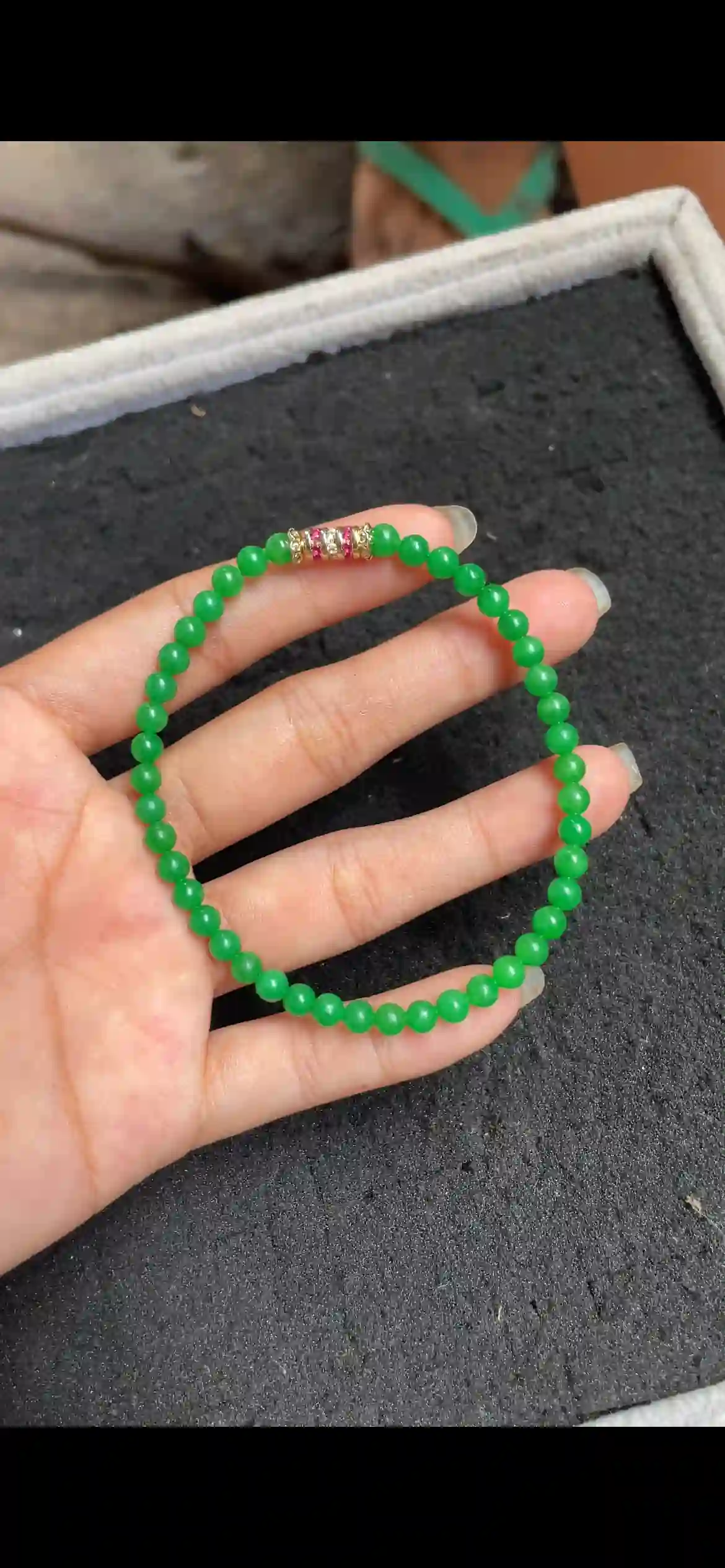 Icy Translucent White Jade Bead Bracelet with Gold Clasp, view 2 | Myanmar Jadeite reference #6540001