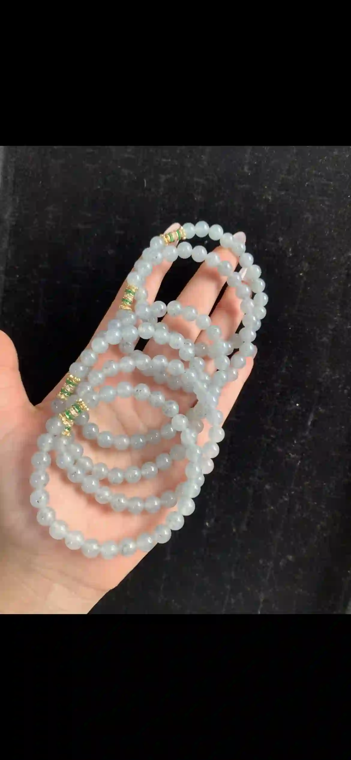 Icy Milky White Jade Multi-Strand Necklace with Gold & Emerald Accents | Myanmar Jadeite reference #32310001