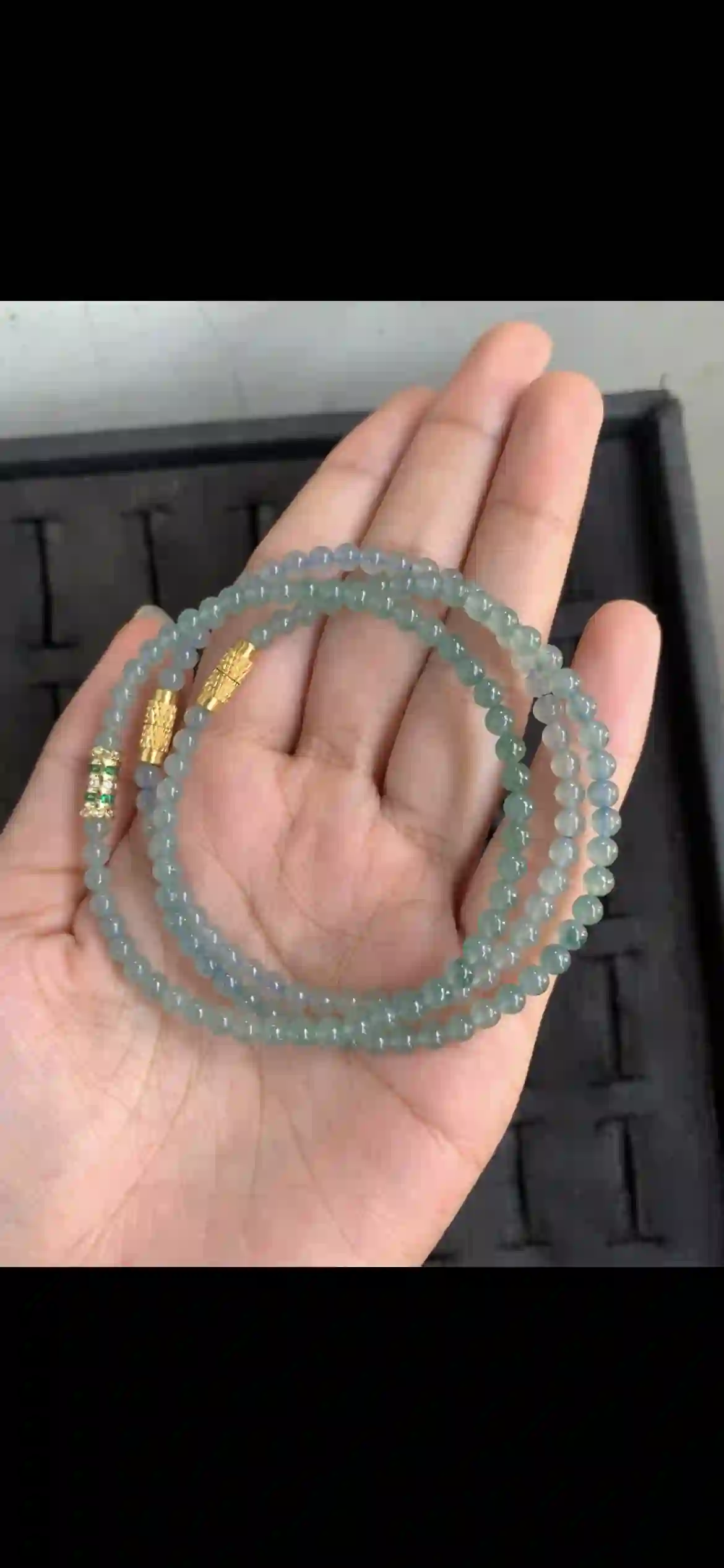 Double-Strand Icy Blue-Green Jade Bead Bracelet with Gold & Gemstone Clasps, view 2 | Myanmar Jadeite reference #17340001