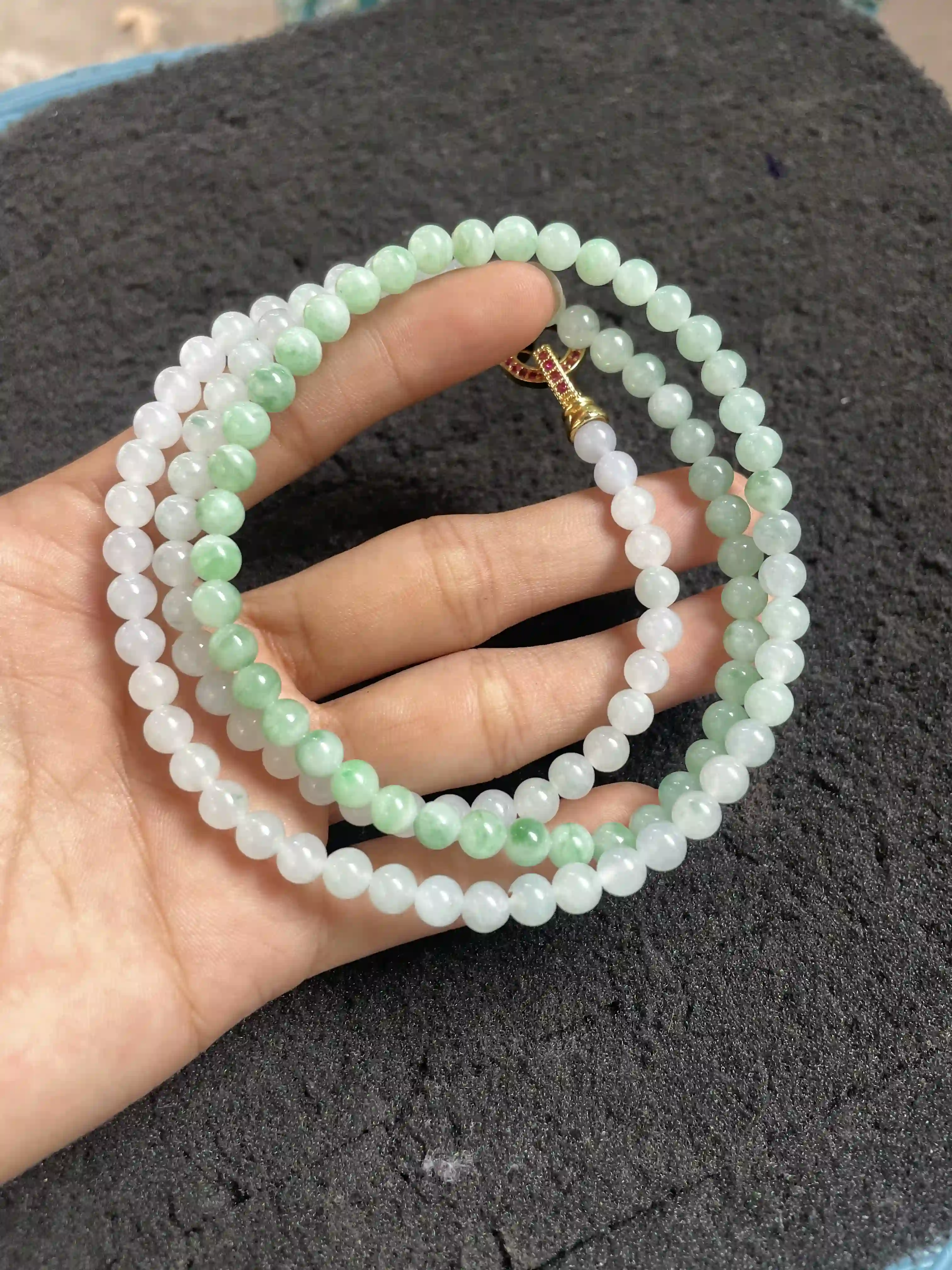  Green and White Jade Beaded Multi-strand Necklace/Bracelet with Embellished Title: | Myanmar Jadeite reference #510003
