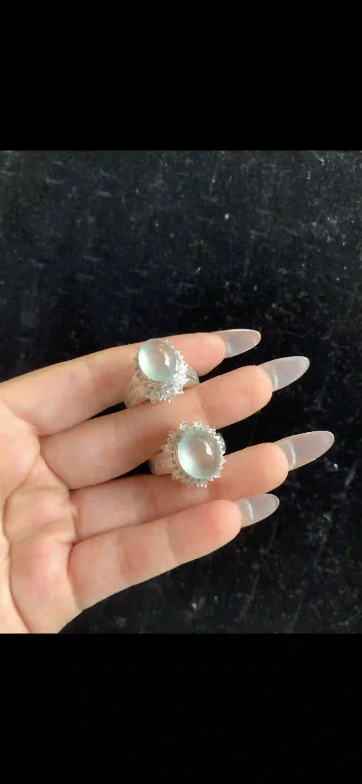 Pair of High-Clarity Icy Pale Blue-Green Jade Cabochon Rings with Diamond Halos, view 2 | Myanmar Jadeite reference #32370001
