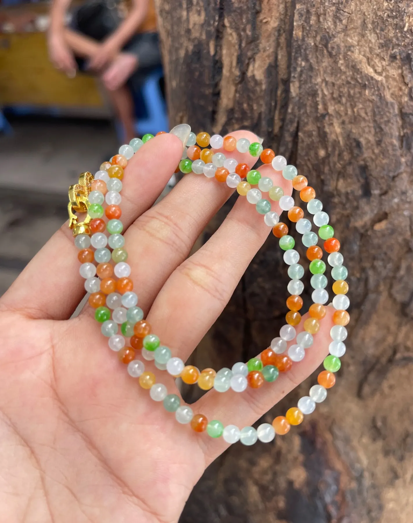 Natural High-Translucency Ice Variety Vibrant Multi-Color Imperial Green, Honey Yellow & Red Jadeite Multi-Strand Bead Necklace / Bracelet Set with Gold Clasp | Myanmar Jadeite reference #39330002