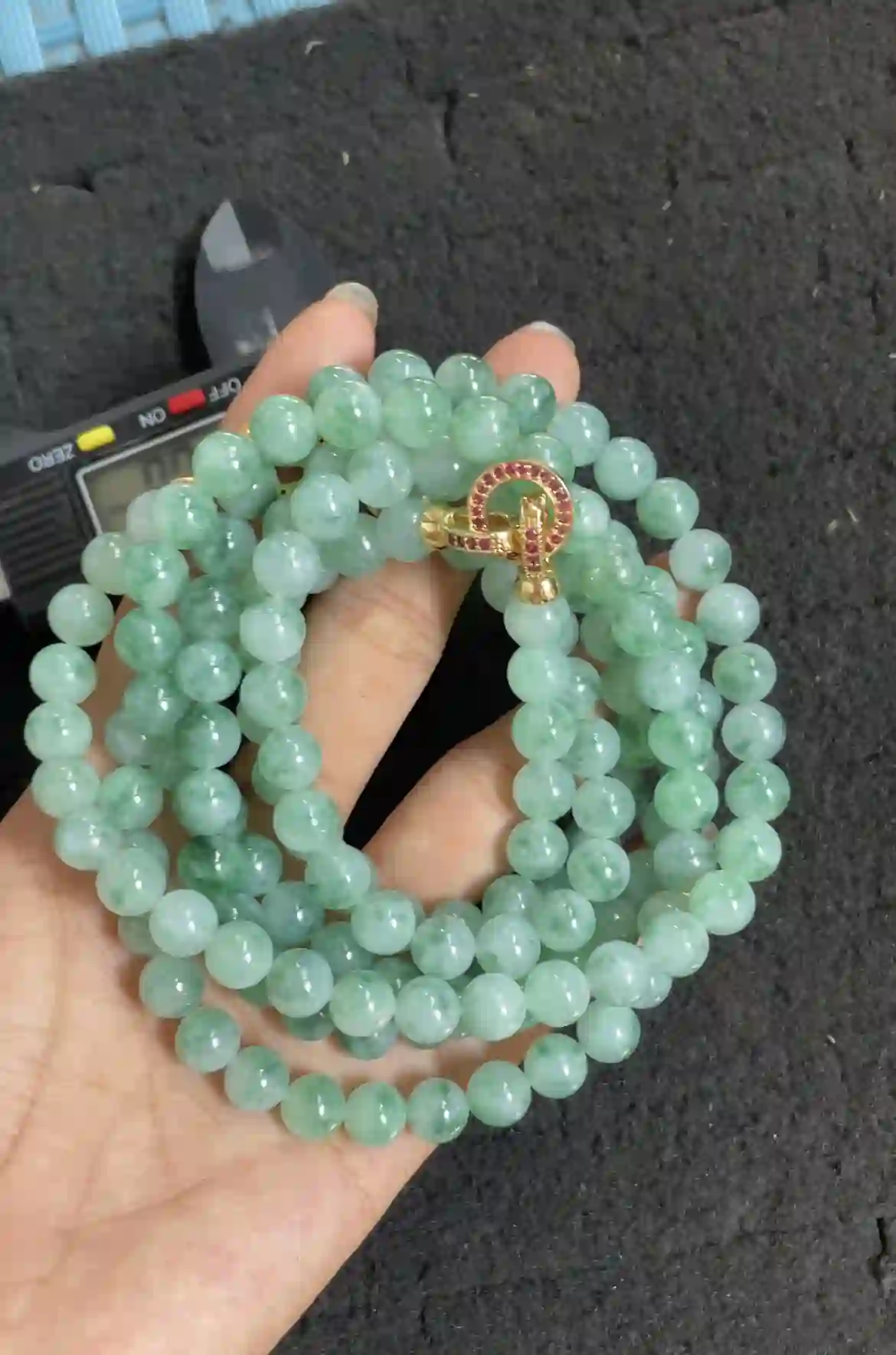 Icy Green Floating Flower Jadeite Long Beaded Necklace with Gold Plated Inlaid Clasp, view 2 | Myanmar Jadeite reference #3750001