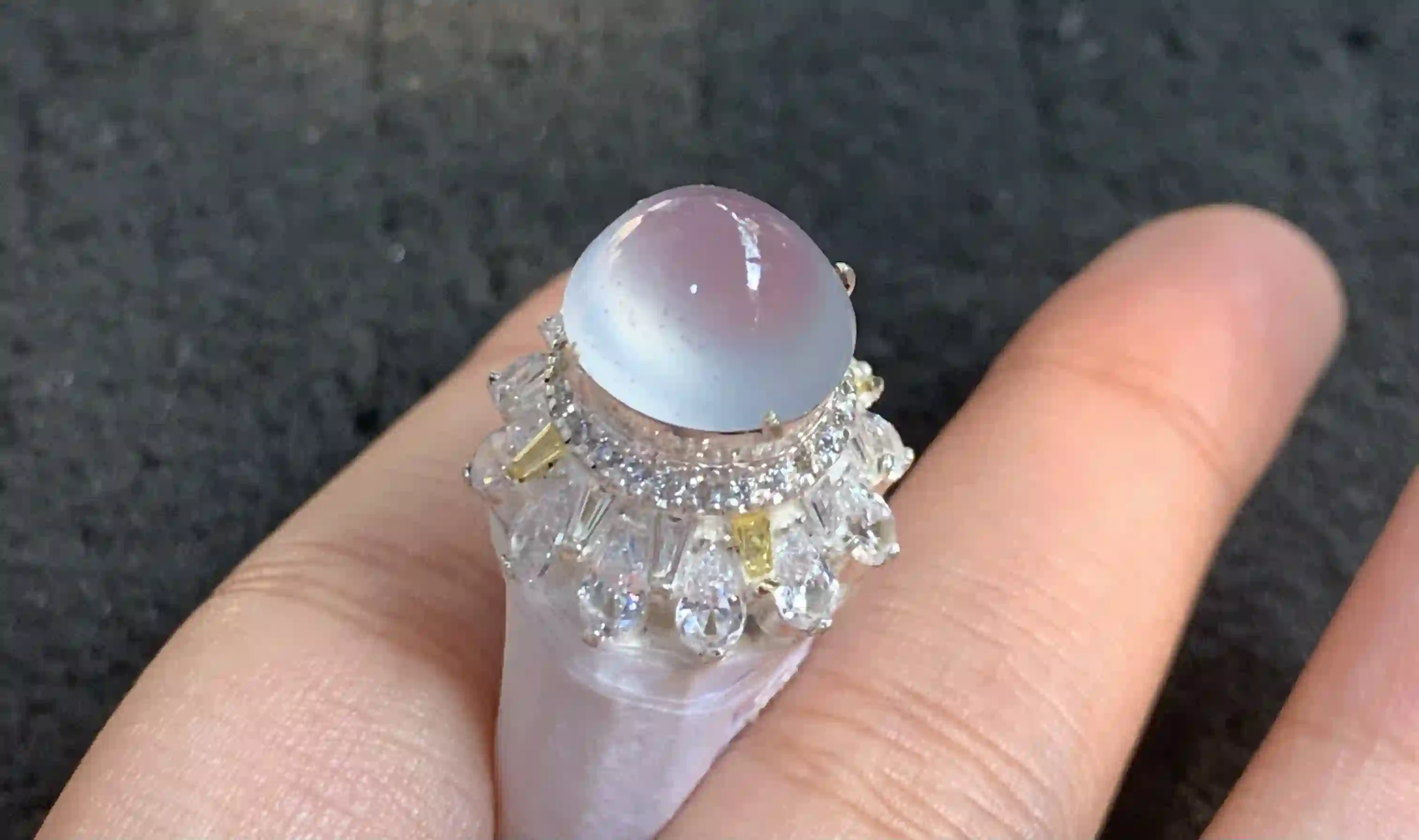  Lavender-Hued Cabochon Ring with Sparkling Crystal Halo Setting, view 2 | Myanmar Jadeite reference #120006