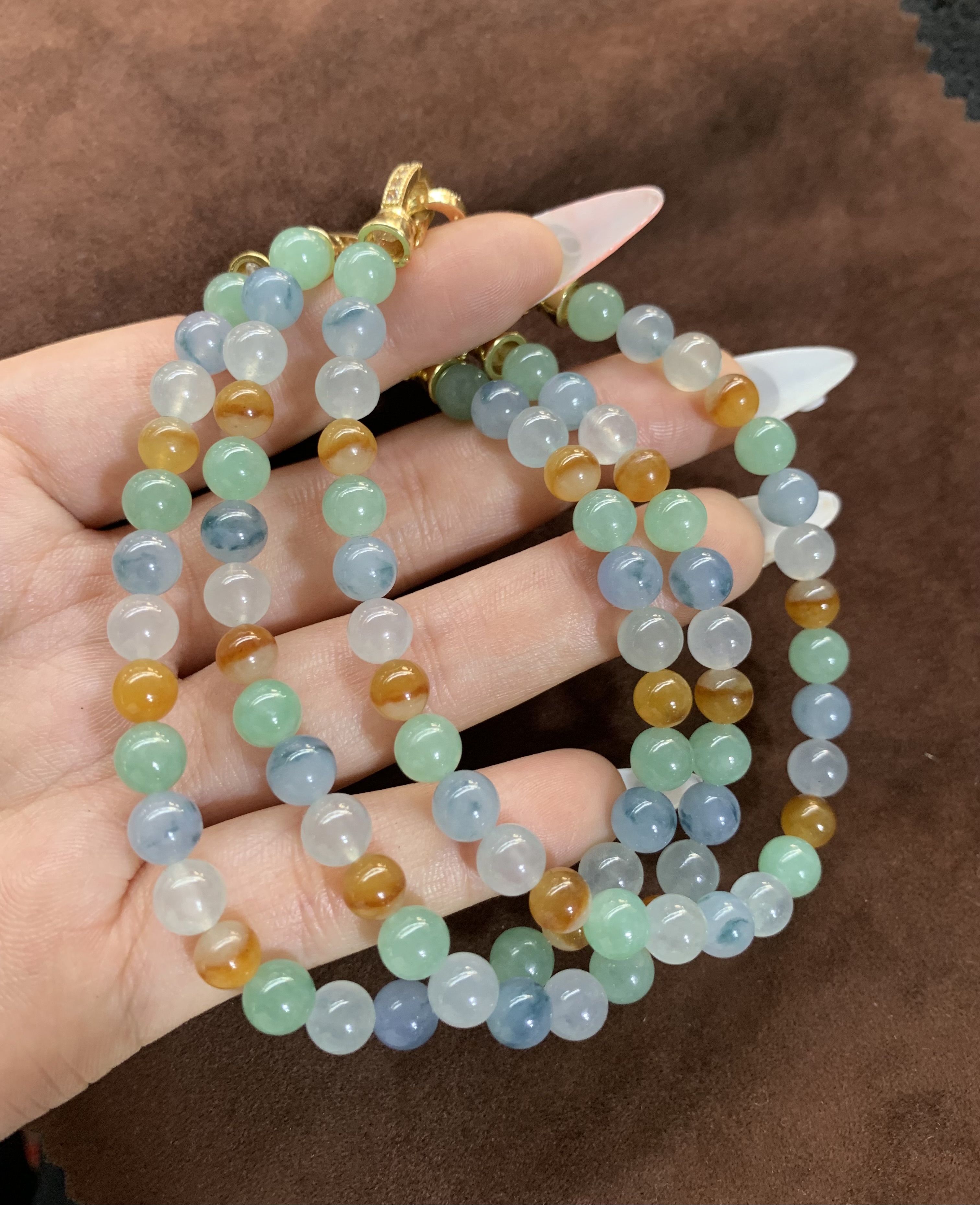  Multi-Color Jadeite Beaded Necklace with Gold Clasp